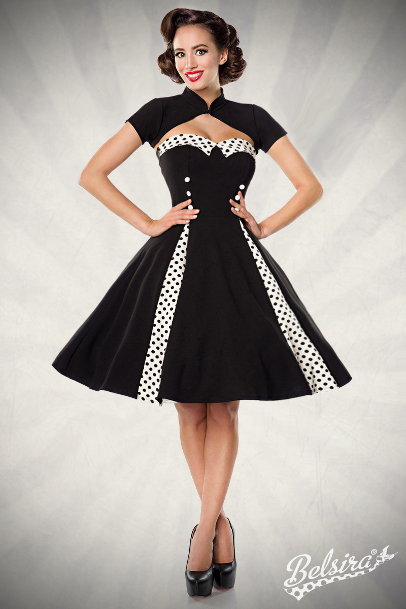 Vintage-Kleid mit Bolero, Vintage Retrokleid mit Tellerrock, herzförmigem Ausschnitt und kurzen Ärmeln, Eleganz mit Godets und dekorativen Knöpfe