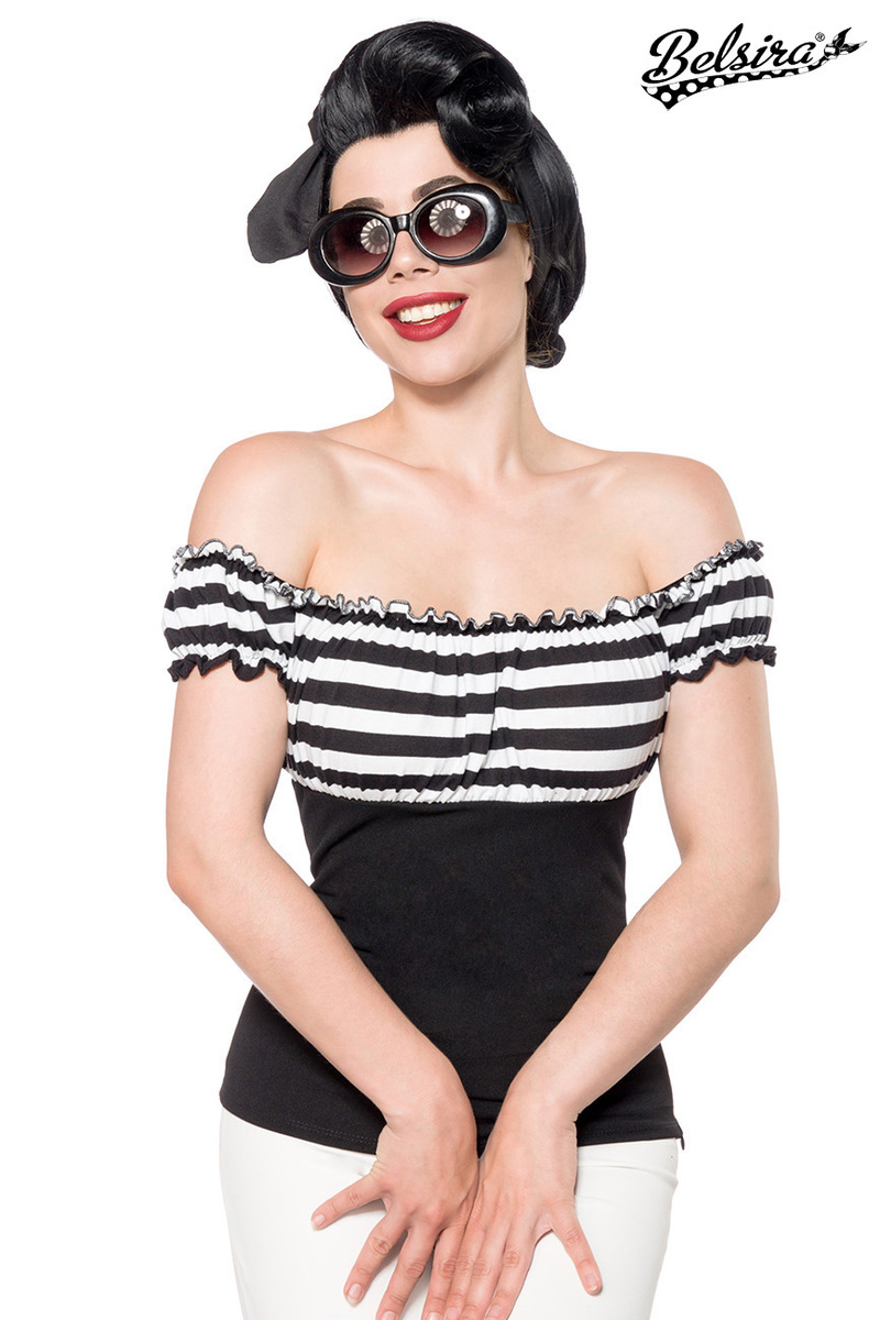 BELSIRA Retro Bluse schulterfrei im 50s Vintage Stil Puffärmel & Brust-Raffungen Rockabilly Pin-up Oberteil mit Gummizug ideal zu High-Waist