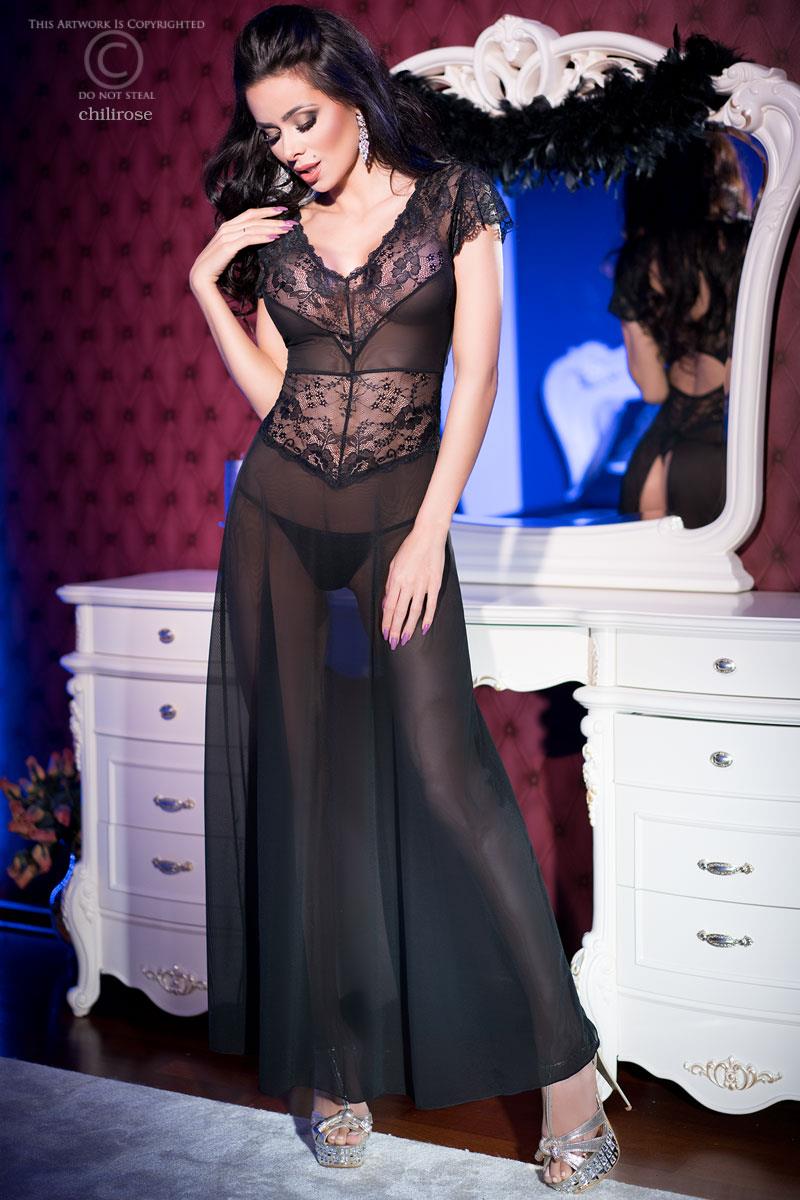 Schwarze Spitzenrobe CR4167 von Chilirose Lange, transparente Tüllrobe mit verführerischer Spitze und String Elegante Lingerie für besondere Nächte