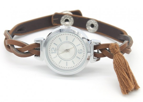 Elegante Damen Armbanduhr mit kleinem rundem Metallgehäuse, geflochtenem Kunstlederarmband & Quasten-Deko verstellbar mit Druckknopf-Verschluss