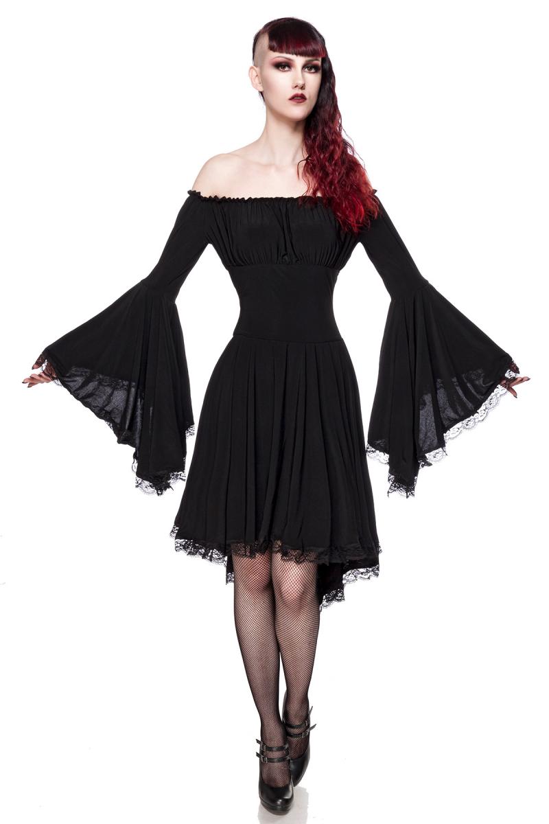 Gothic, Mittelalter, Romantik Kleid aus dehnfähigem Jersey mit Spitzenbesatz, Trompetenärmeln und Brust-Raffung figurbetontes Design von Ocultica in Top-Qualität