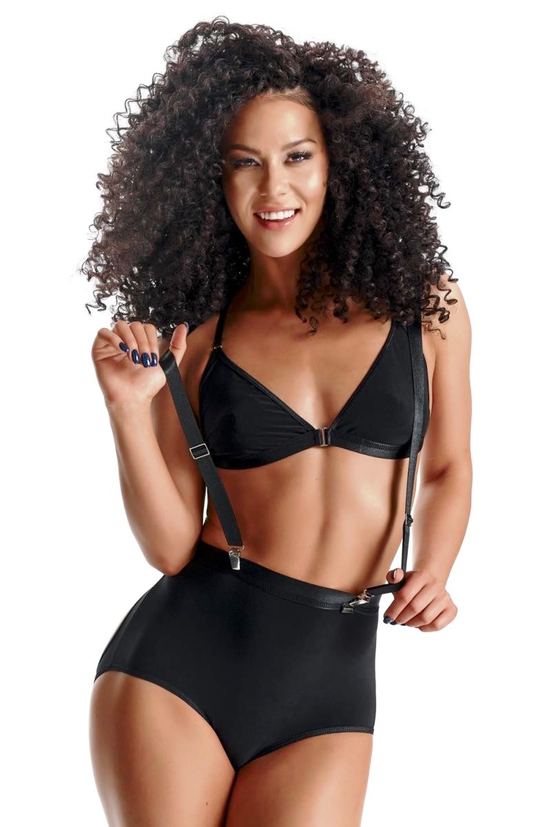 Schwarzes Set LXArcelia001 von Demoniq  sexy Unterwäsche bestehend aus BH mit Frontverschluss und ouvert Panty, dehnbarer Stoff, verstellbare Träger, elastische Hosenträger mit Metallclips LX Collection