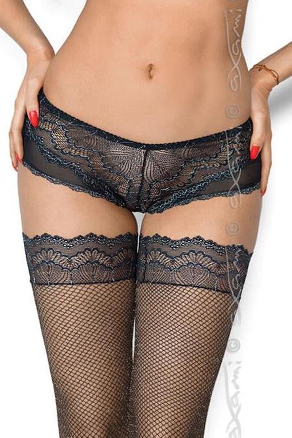 Axami V-8274 Netzstrümpfe mit silber-schwarzer Spitze  schwarze elastische Strümpfe mit edlem Spitzenabschluss, perfekte Ergänzung zu Dessous, hohe Qualität, angenehmer Tragekomfort und optimale Passform