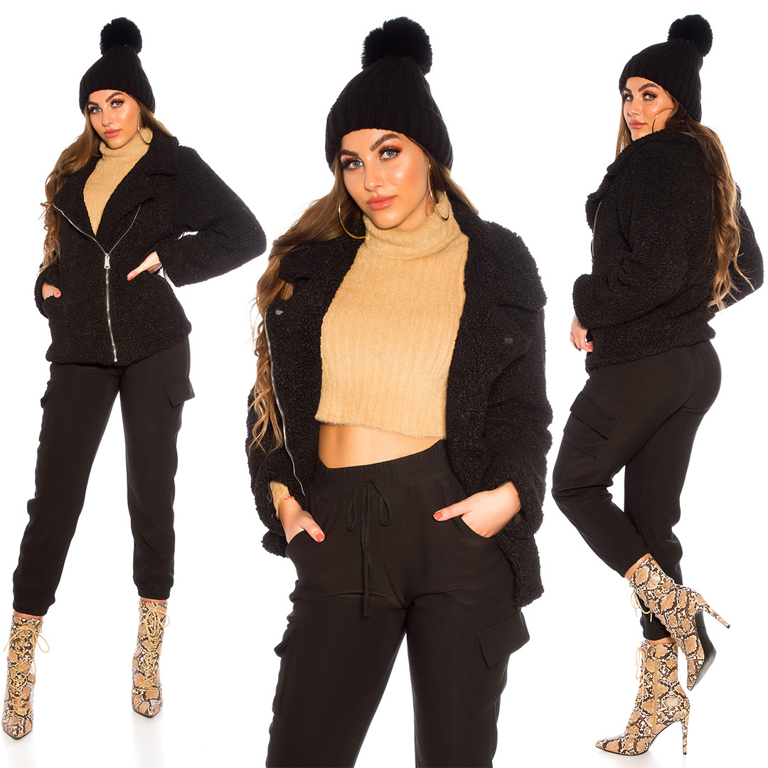 Teddy Kuschel Jacke mit Reverse, Teddy-Fleece-Jacke mit Satinfutter und modernem Schnitt für stilvolle Looks