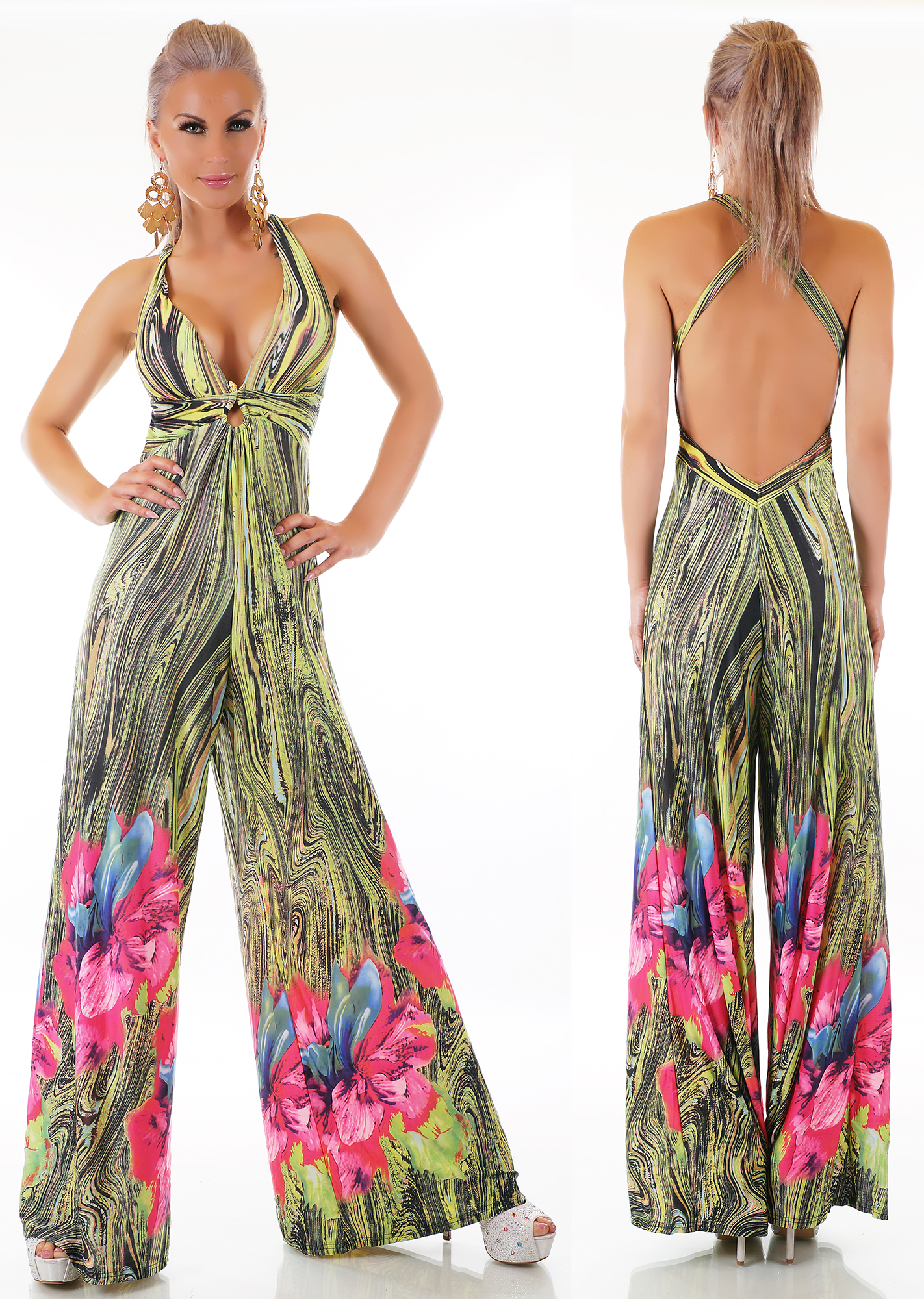 Tropical Sommer Printed Maxi V-Neck Träger Marlene Jumpsuit Rückenfrei