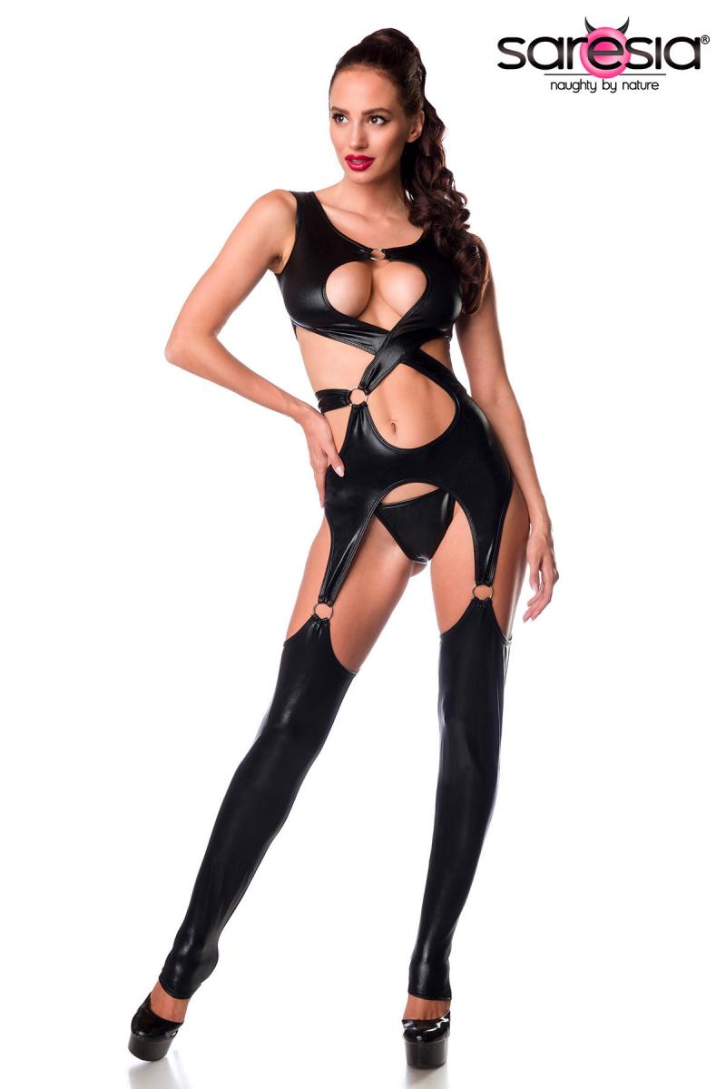Saresia Kinky Wetlook Overall 18292 als figurbetonter Catsuit mit asymmetrischem Frontdesign, markanten Cutouts und Ringen aus elastischem Wetlook inklusive passendem String