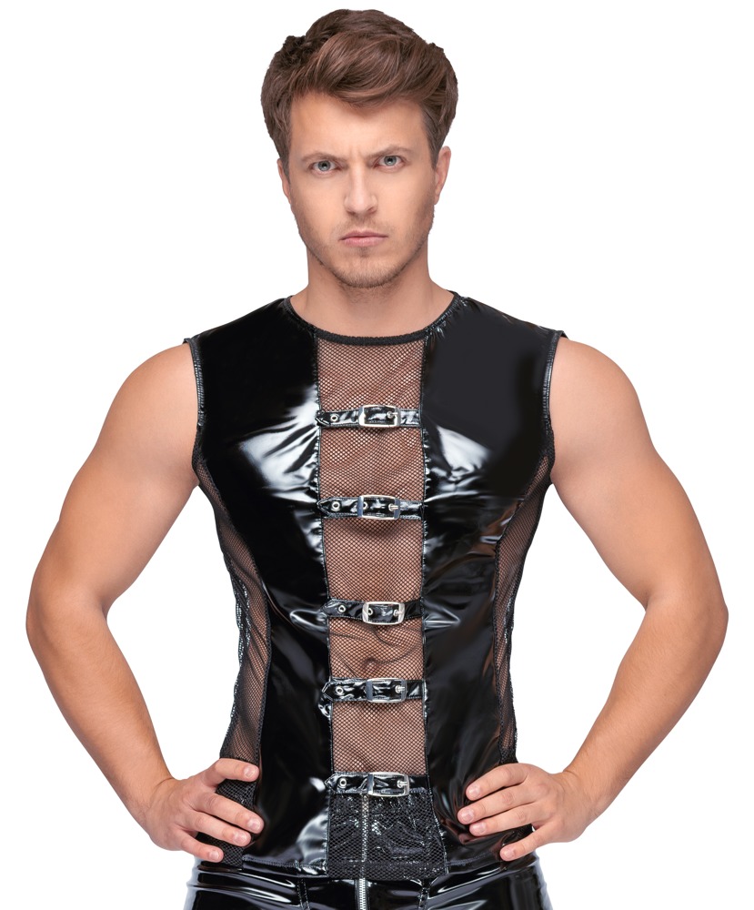 Extravagantes ärmelloses Shirt von Black Level aus bi-elastischem Lack mit Netz-Einsätzen vorne, seitlich und hinten. Mit 5 stylischen Schnallenriemen in der Front.