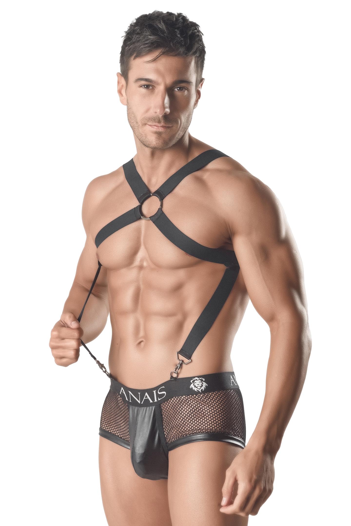 Herren Body-Harness 054980. Verführerischer Body-Harness aus hochelastischen Gummibändern mit Metallringen und Karabinerhaken für den perfekten Bondage Look
