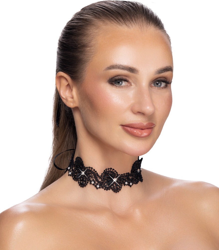 Stickerei-Halsband in schwarzer Spitzenoptik mit Perlen und Glitzersteinchen, weich, anschmiegsam und mit Satin-Bindeschleife im Nacken von Obsessive