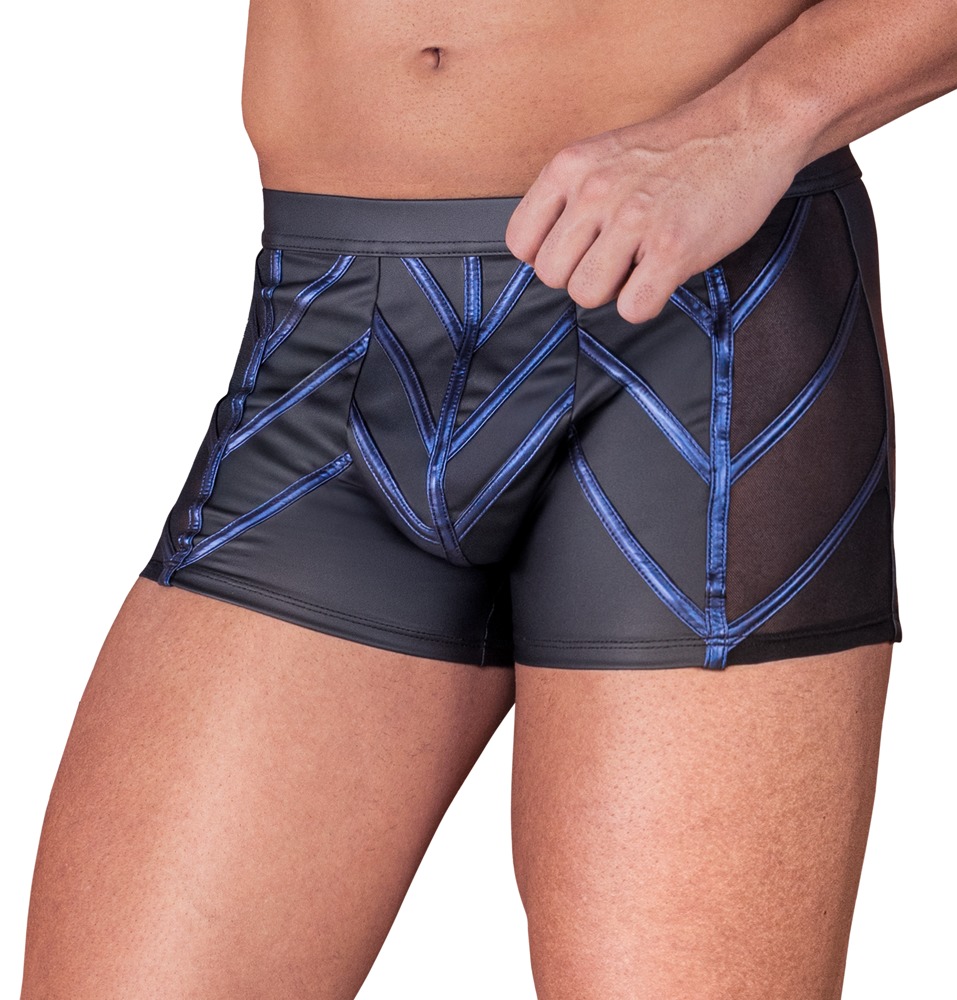 Betonende Pants von NEK im schwarzen Mattlook mit blauen Metallic-Streifen, seitlichen Netz-Einsätzen und sexy enganliegendem Schnitt für einen markanten, maskulinen Style voller Ausstrahlung