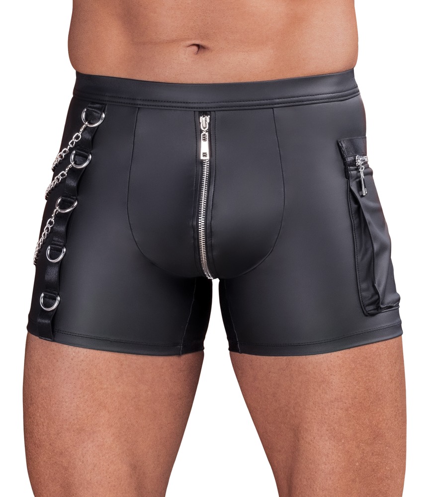 NEK Pants im schwarzen Mattlook mit Reißverschluss vorn, Ringen, Ketten und Cargotasche eng, sexy und auffällig maskulin