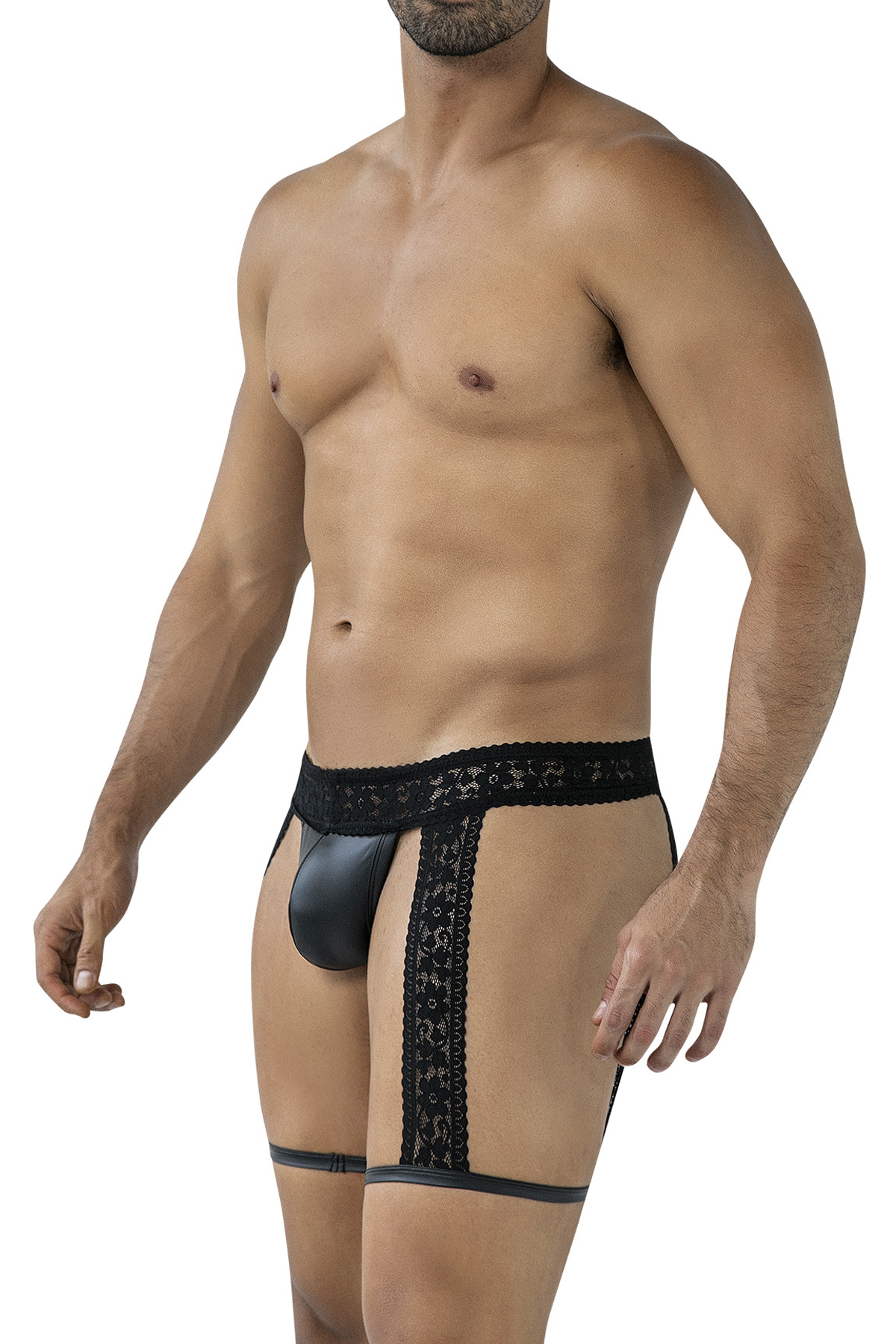 Schwarzer Fetisch Strumpfhalter mit integriertem String für den Mann aus dehnbarer Spitze und glattem Material mit gummiertem CUT4MEN Frontlogo