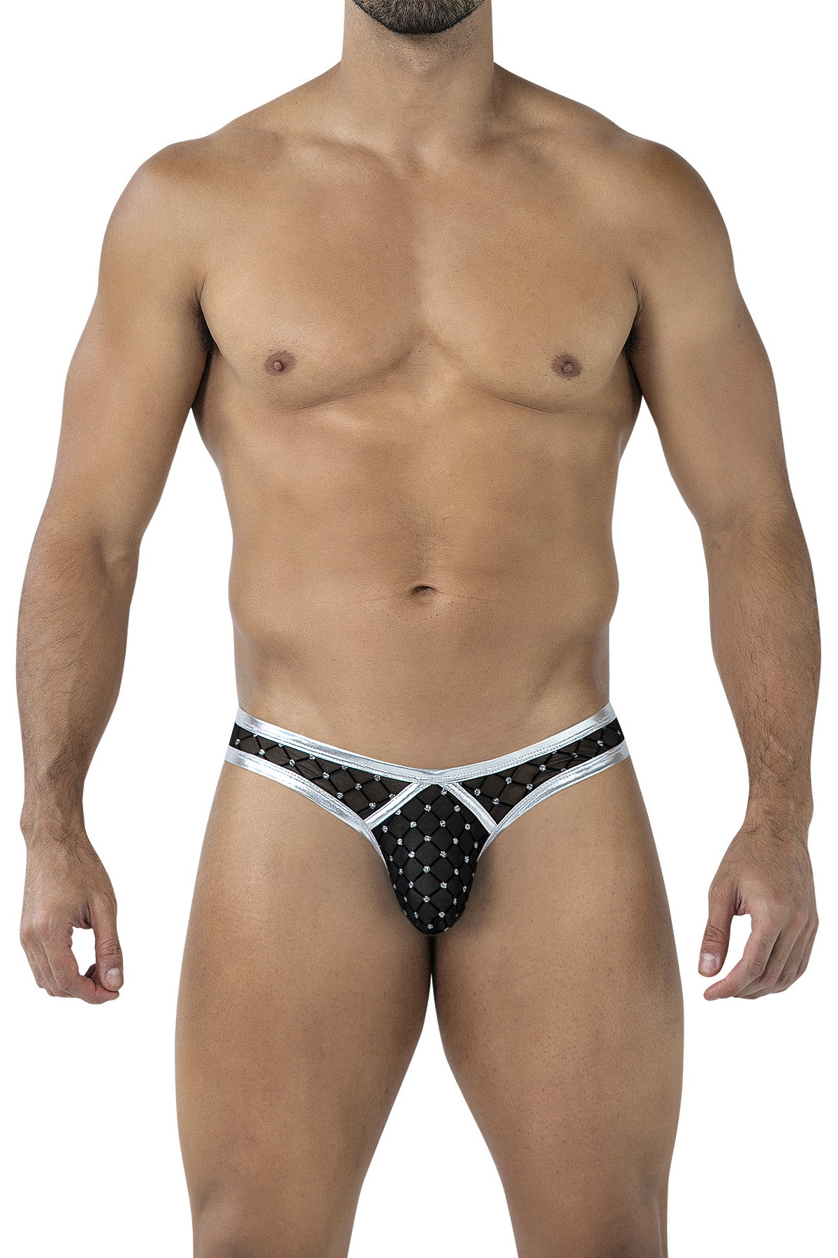 Schwarz/Silberner String mit Netz RAV112 Sexy String aus glattem Material und dehnbarem Netz mit geformtem Suspensorium und gummiertem Frontlogo von CUT4MEN