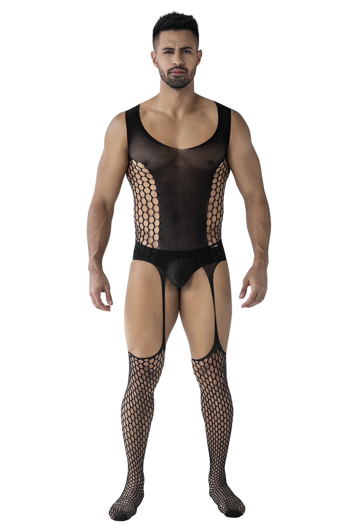 Provokanter Herren Bodystocking ouvert RAV118 aus weichem, dehnbarem Netzmaterial mit offenem Schritt von CUT4MEN für markante, selbstbewusste Underwear-Looks