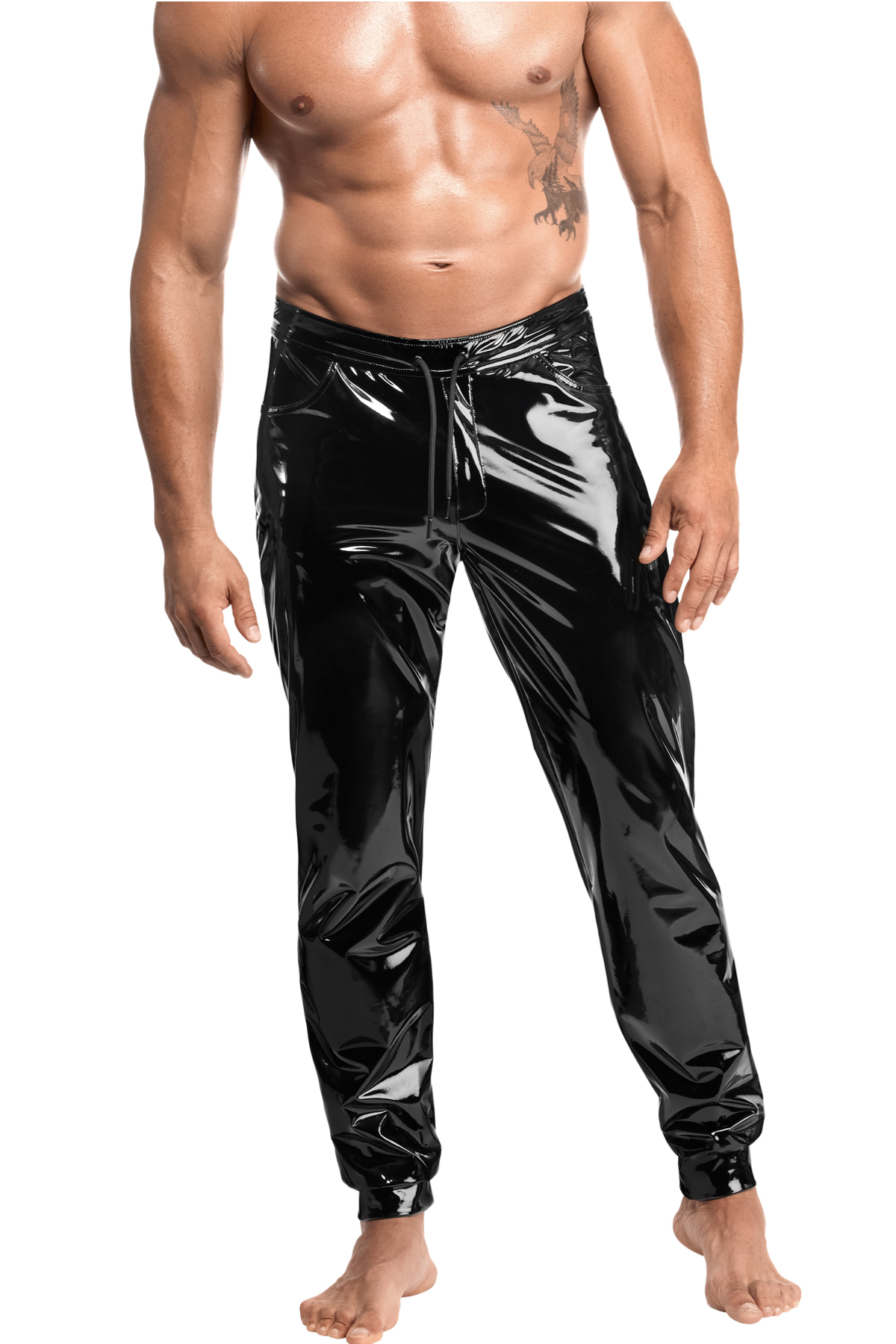 Schwarze Kinky Lack Hose Voltage H093 Herren  schmal geschnittene dehnbare Lackhose mit Front-Reißverschluss und Kordelzug von Noir Handmade Men