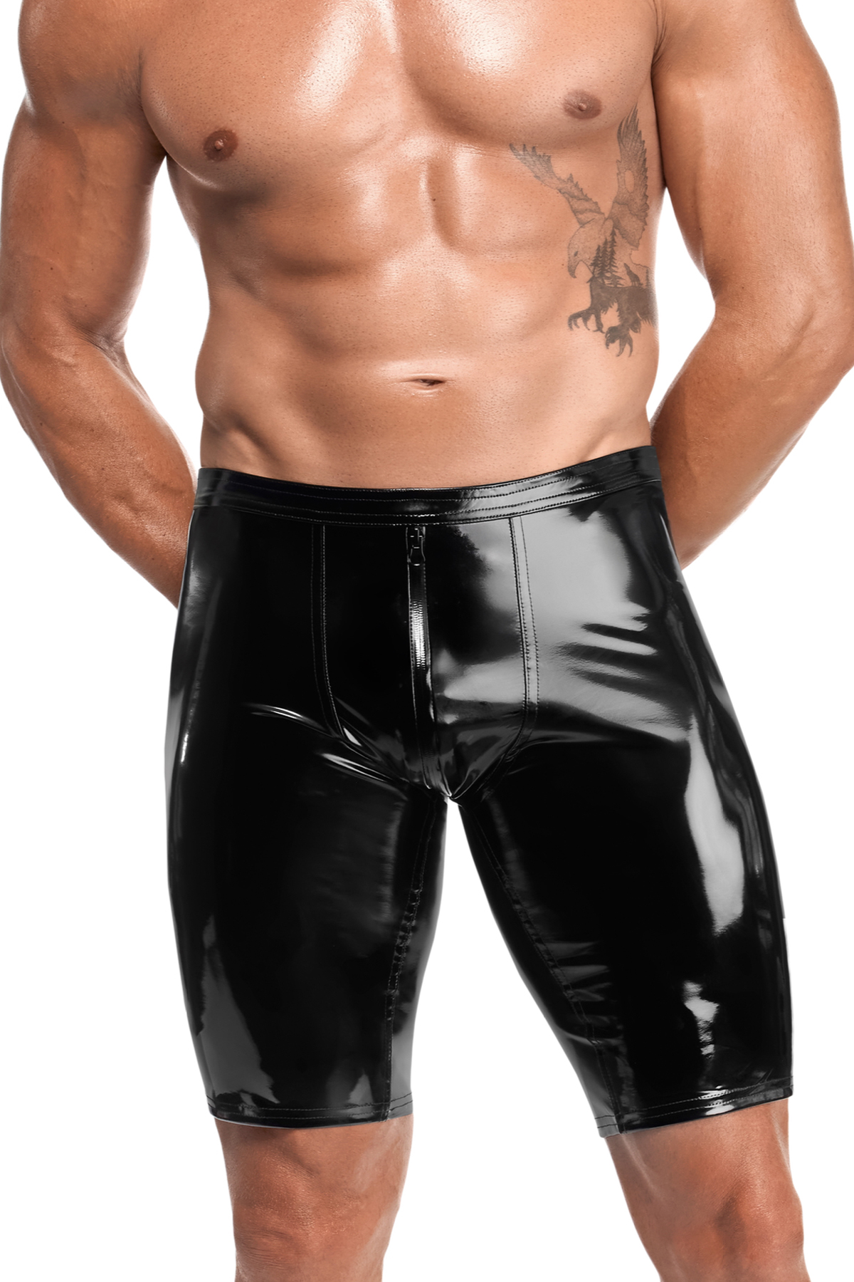Schwarze Kinky Lack Shorts Voltage H094   dehnbares glattes Material  2-Wege Reißverschluss  hochglänzende Biker-Passform  eng anliegend für maximale Bewegungsfreiheit von Noir Handmade Men
