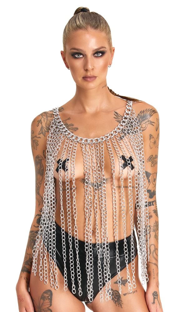 Bad Chainmail Collar, Bad Kitty Silberfarbene Unisex Körperkette als Kragen, Gürtel oder Rock verstellbar mit markantem Kettenlook