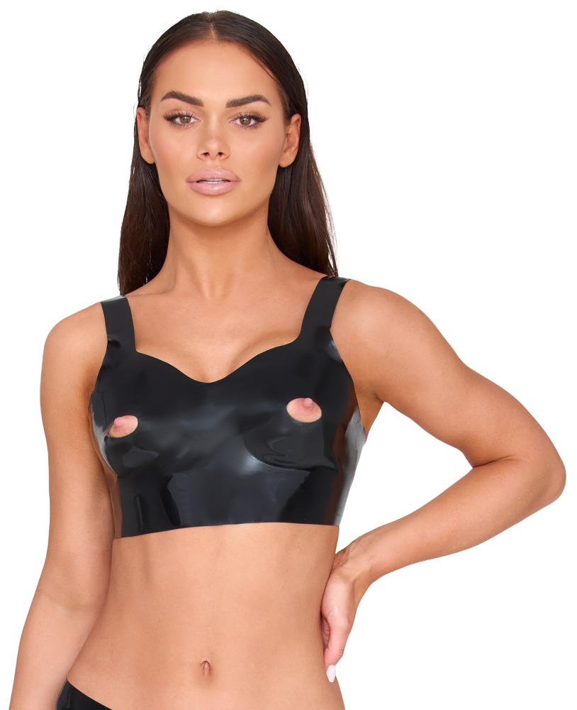 Nippelfreies Kinky Latex BH-Top mit Cut-outs, breiten Trägern & Ouvert-Look sexy Reizwäsche für Piercing-Show & Nippelspiele LateX