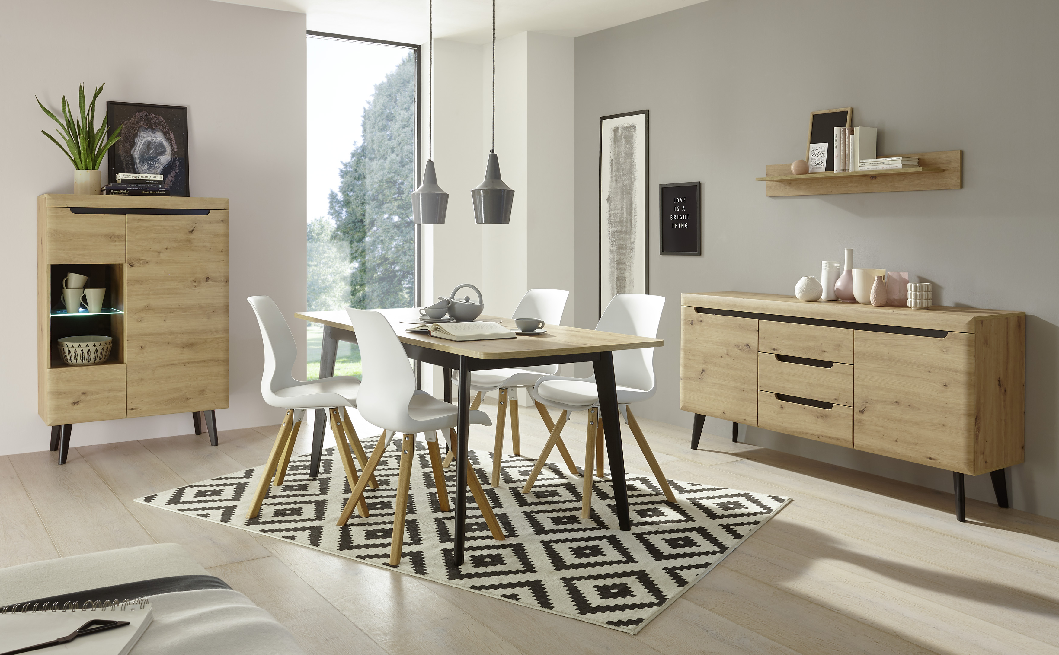 99rooms Tasania Esszimmer-Set Eiche Artisan Dekor Schwarz mit LED-Beleuchtung