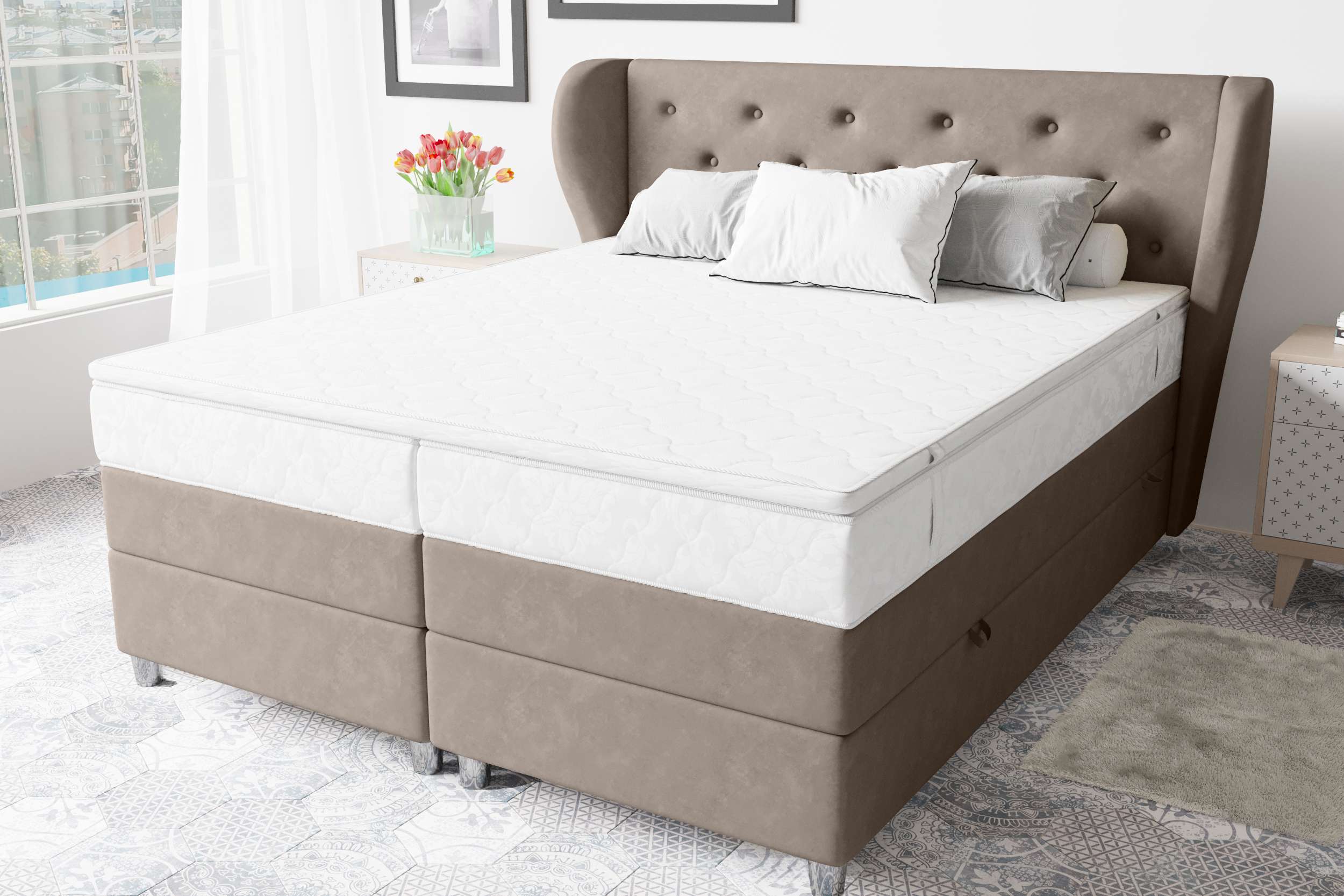 99rooms Hermes Boxspringbett 160x200 cm Velours SORO Beige Taschen-Federung