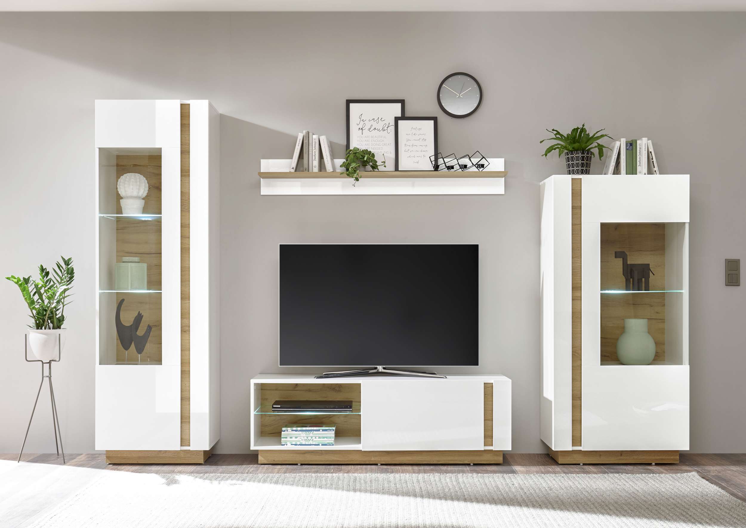 99rooms Clarissa Wohnwand I Weiß Hochglanz Grandson Oak Dekor