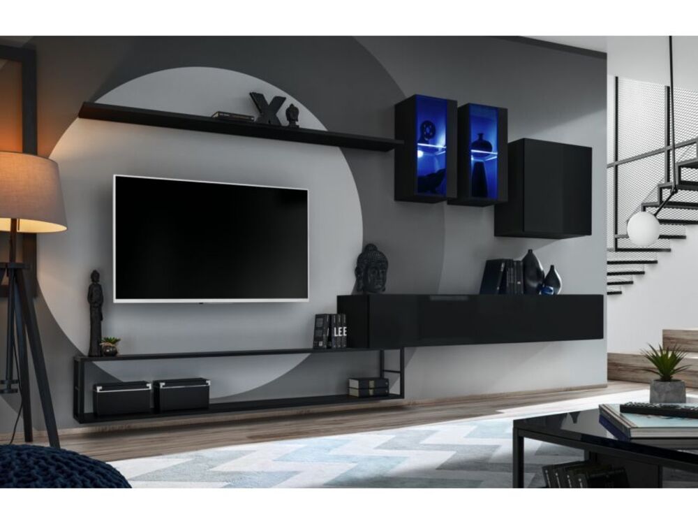 99rooms Swotch Met I Wohnwand Schwarz Hochglanz | Schwarz Matt Schwarz