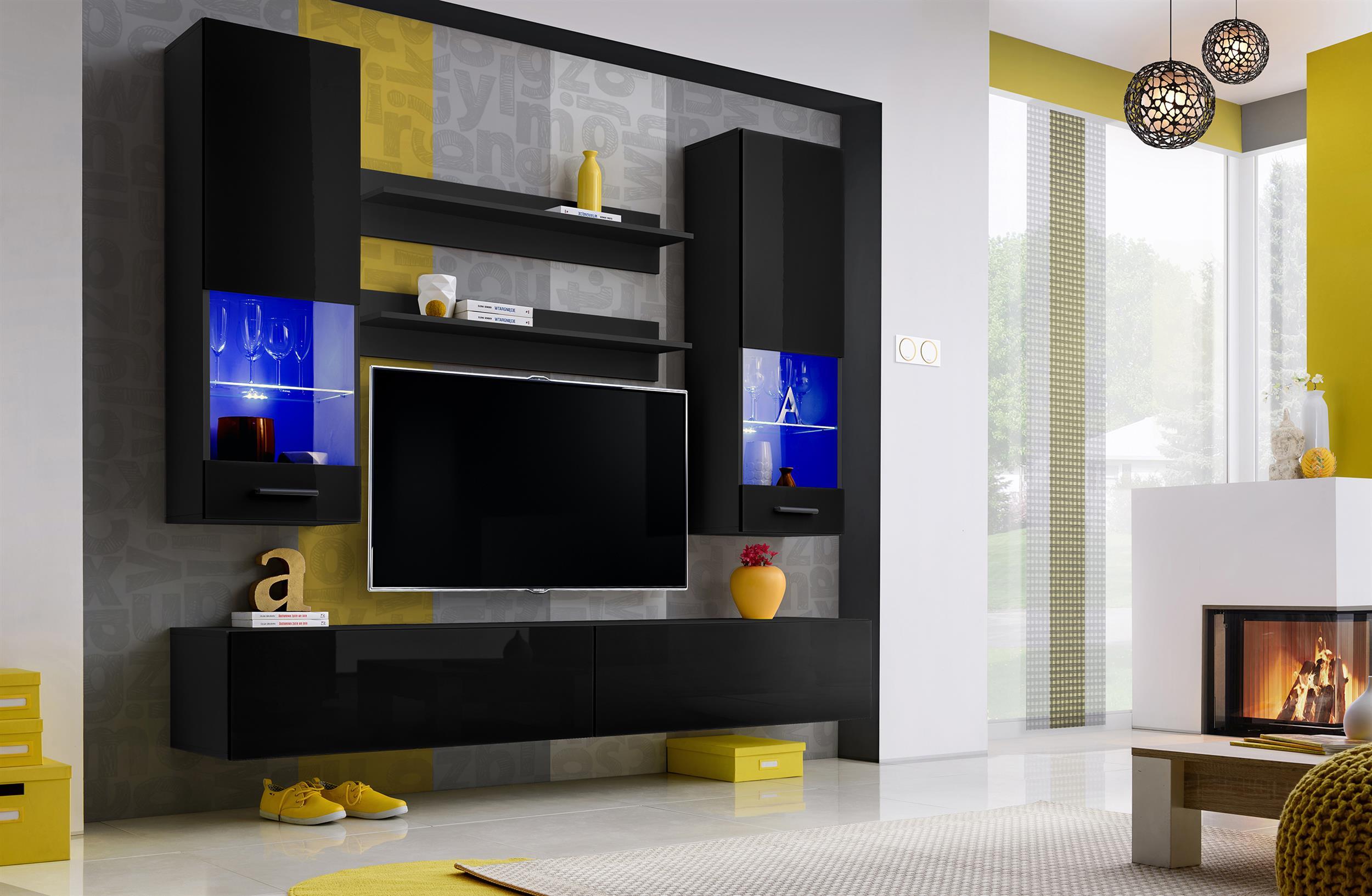 99rooms Eaton Wohnwand I Schwarz Schwarz Hochglanz ohne LED-Beleuchtung