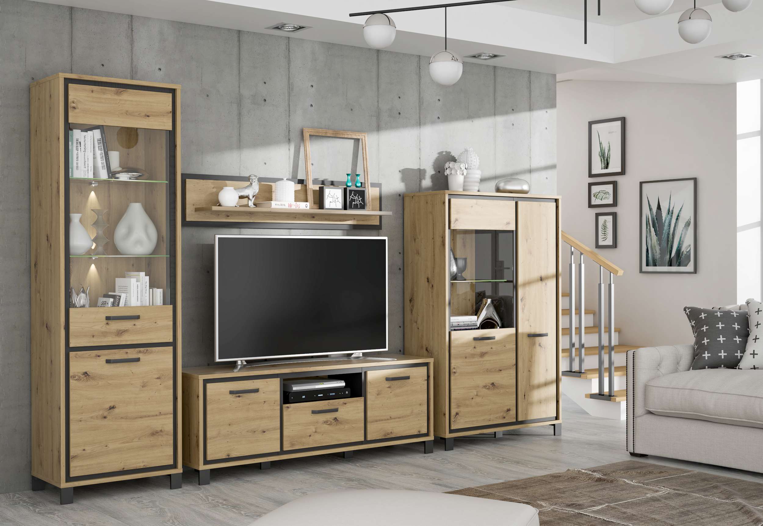 99rooms Teo Wohnwand Eiche Artisan Dekor Schwarz mit LED-Beleuchtung