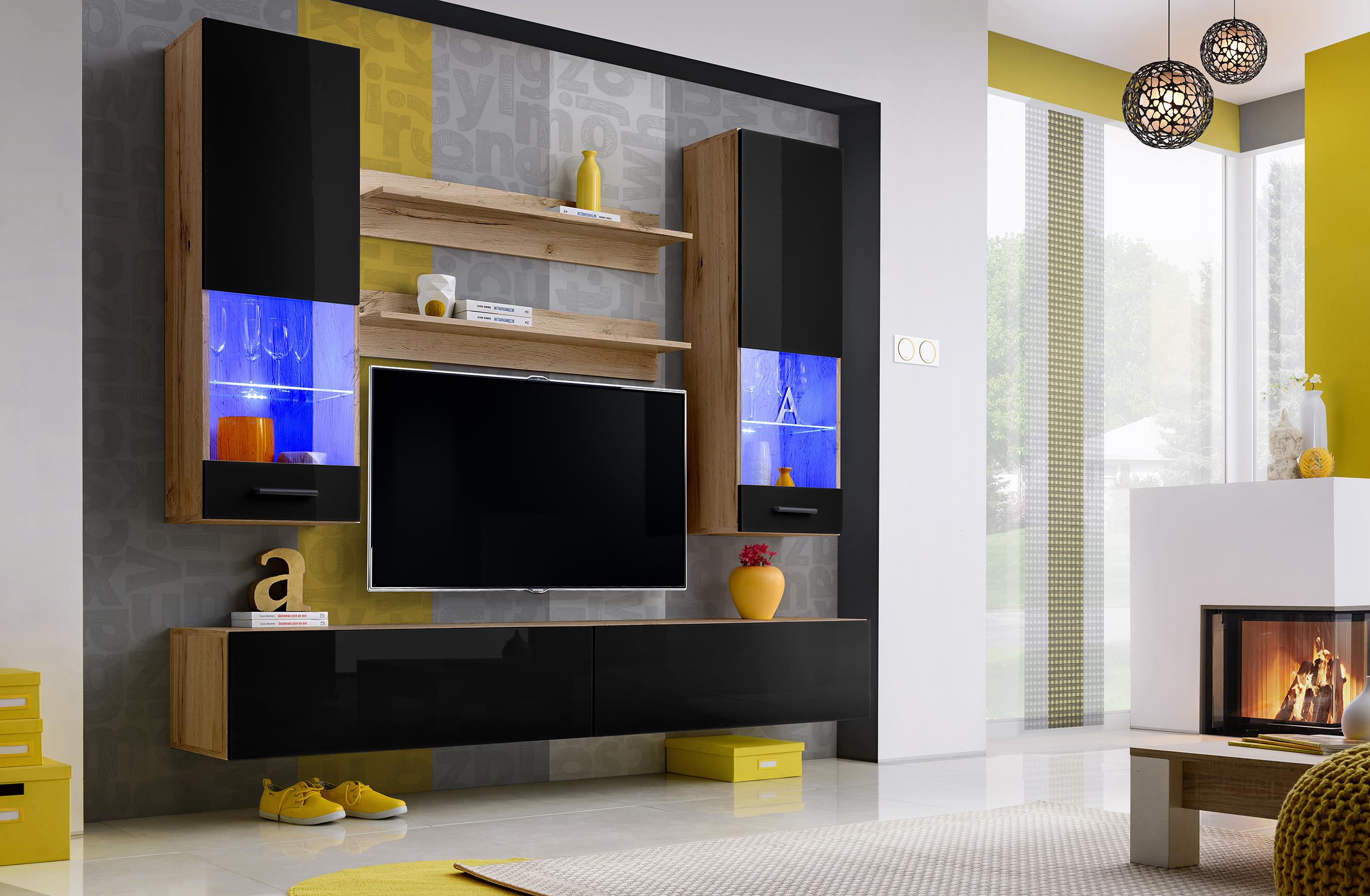 99rooms Eaton Wohnwand I Wotan Eiche Schwarz Hochglanz Blau