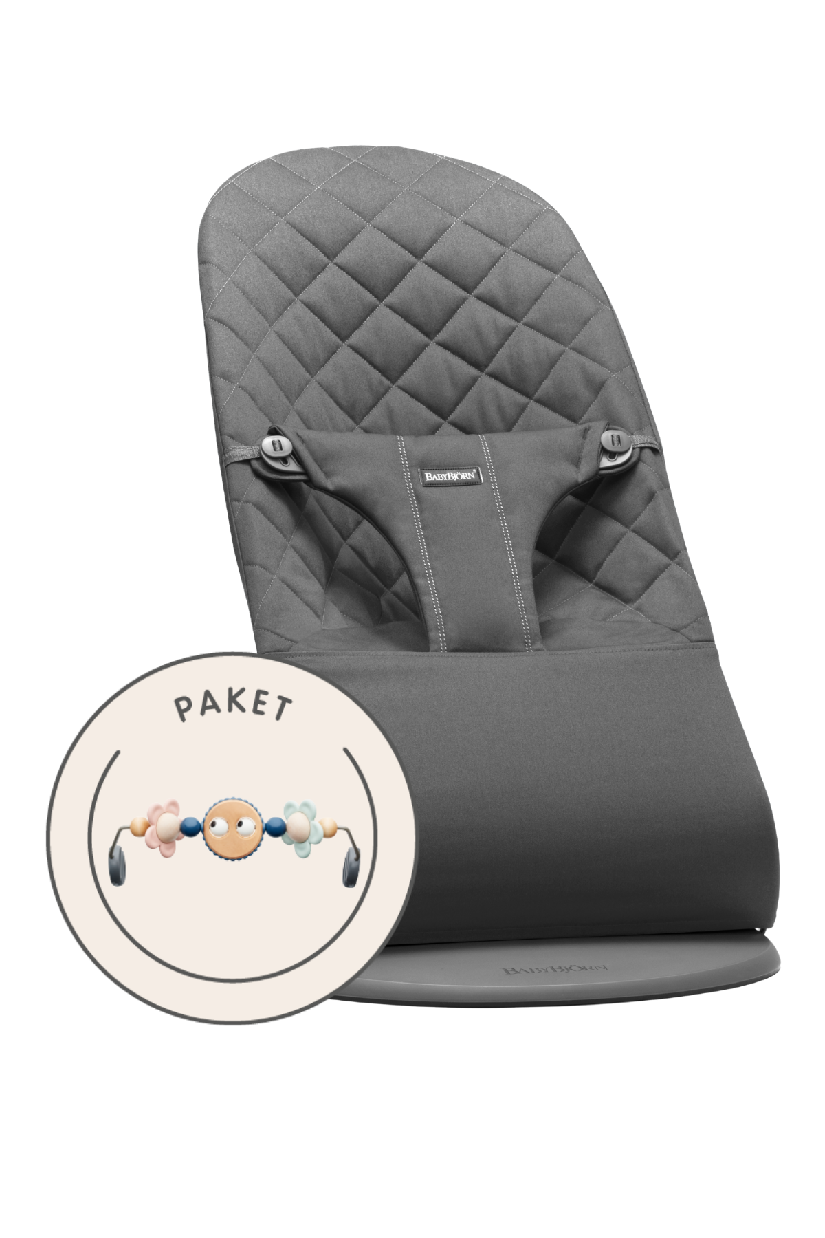 Babywippe und Spielzeug - Anthrazit / Gewebt, Klassische Steppung / Dunkelgrauer / Fröhliche Augen Pastellfarben