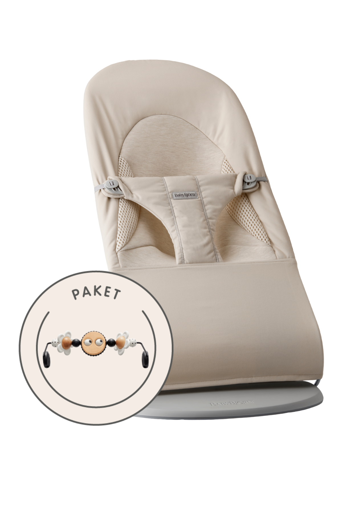 Babywippe und Spielzeug - Hellbeige / Gewebt/Jersey, Tri-Fabric / Hellgrauer / Fröhliche Augen Schwarz & Weiß