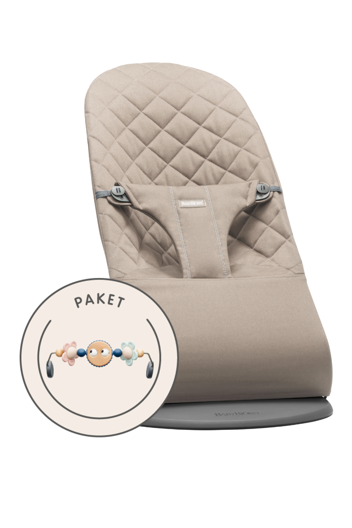 Babywippe und Spielzeug - Sandgrau / Gewebt, Klassische Steppung / Dunkelgrauer / Fröhliche Augen Pastellfarben