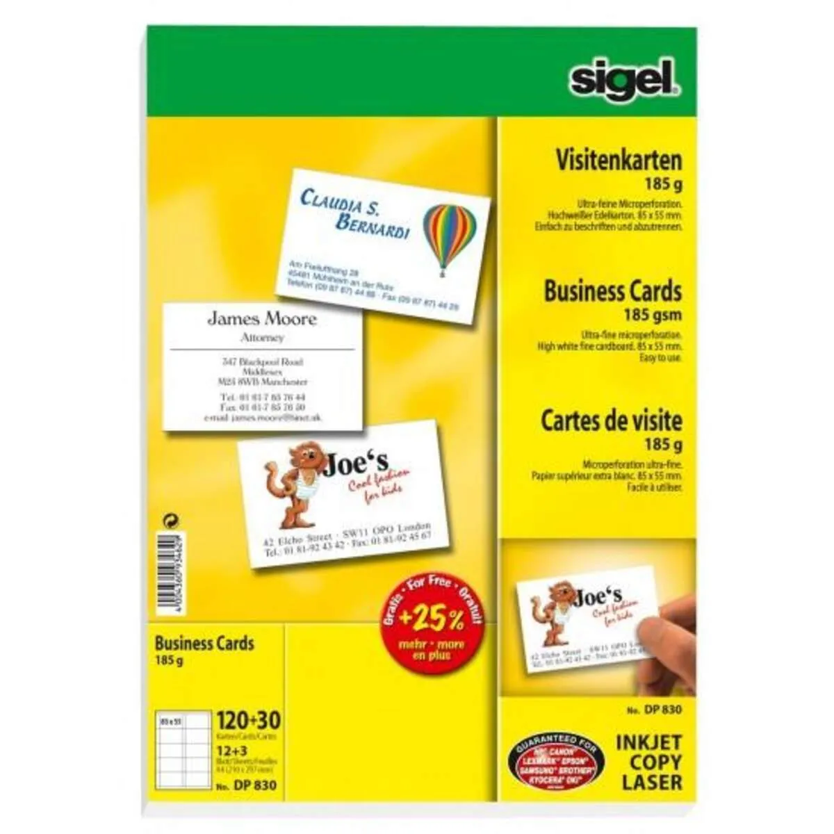 Sigel 4073049 Visitenkarten hochweiß MP,160g,15 Blatt, 85 x 55mm