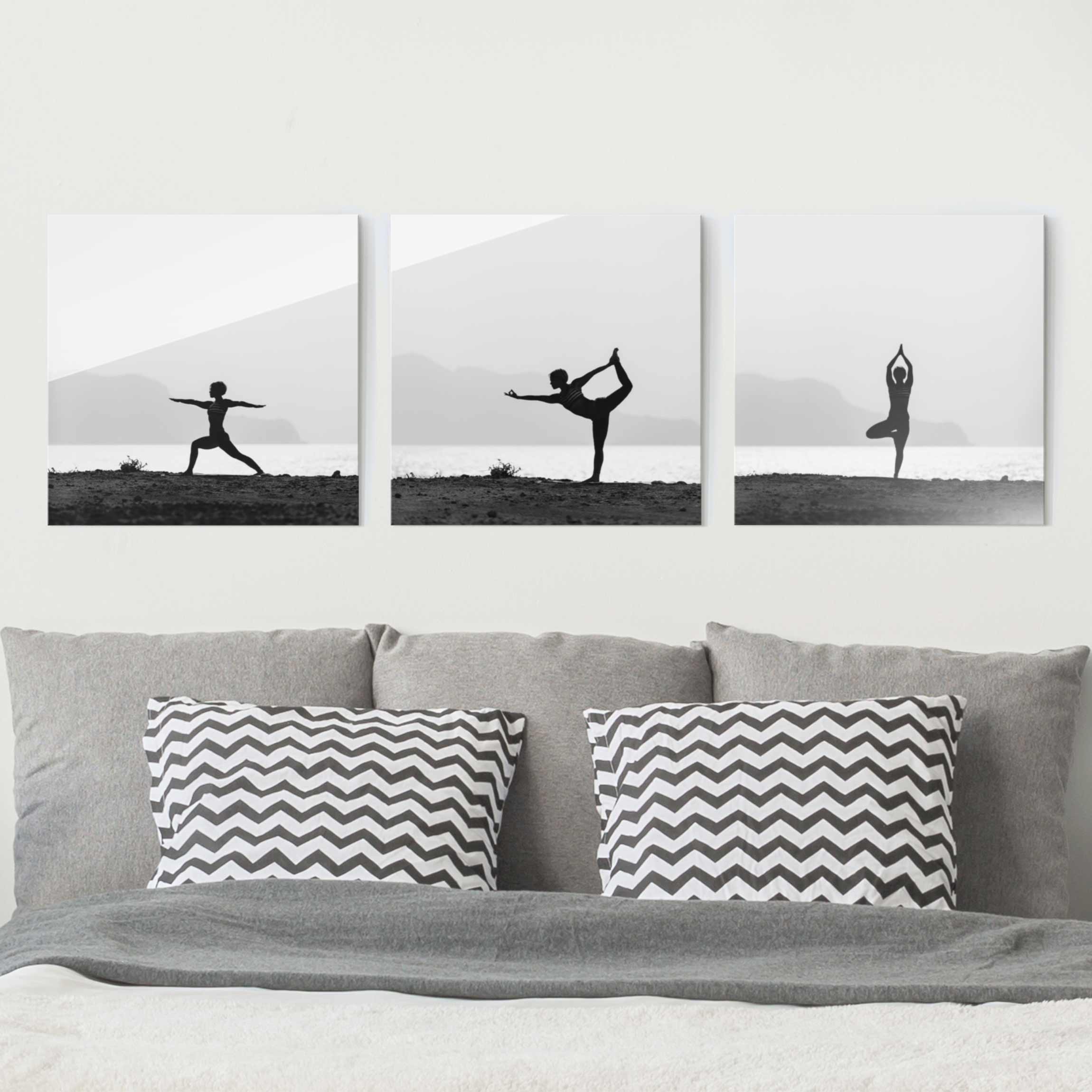 3-teiliges Glasbild Schwarz-Weiß Yoga Trio