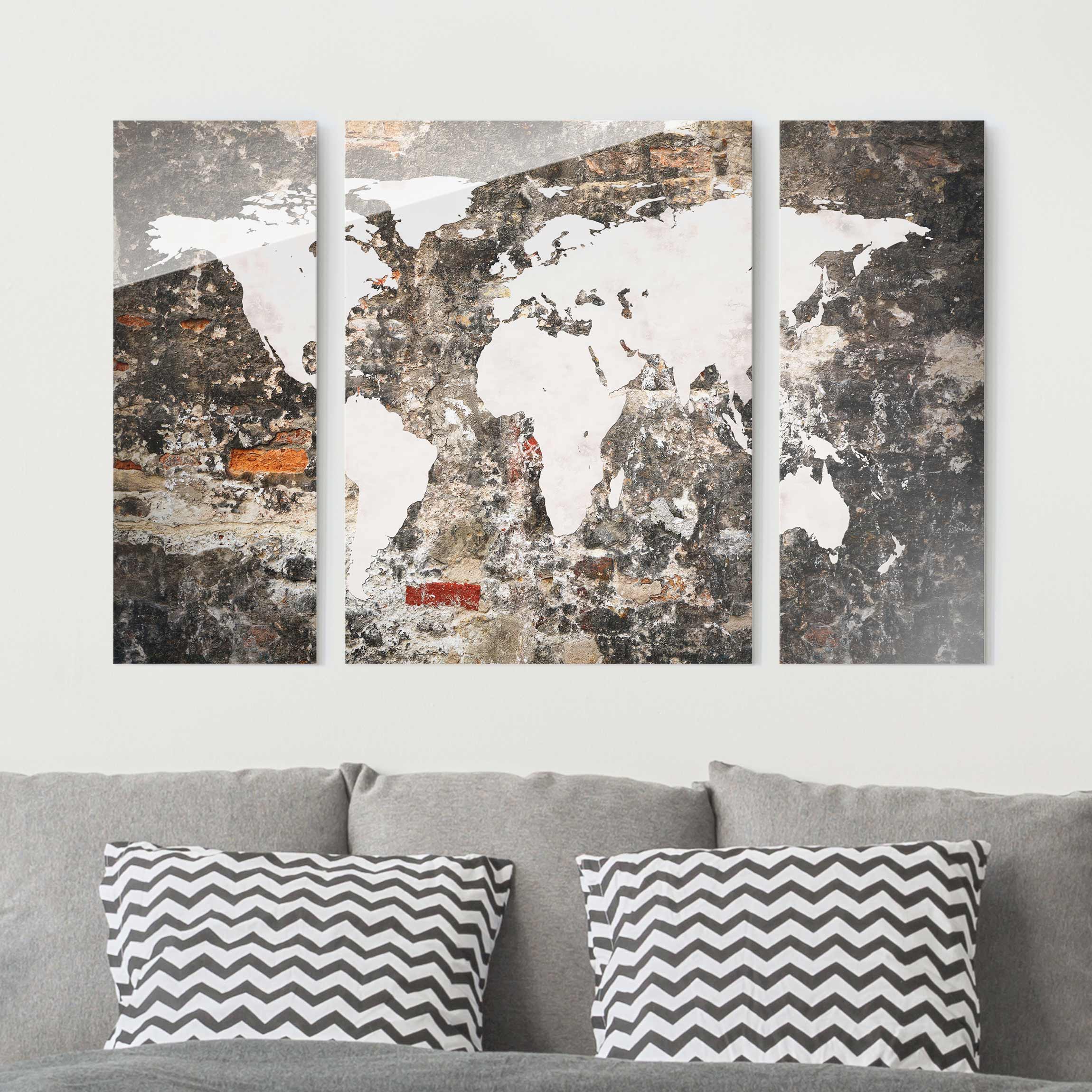 3-teiliges Glasbild - Querformat Alte Mauer Weltkarte