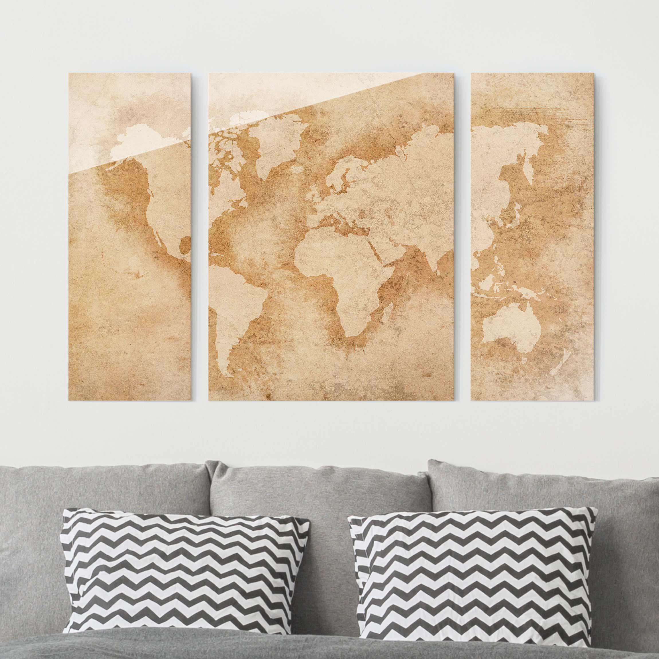 3-teiliges Glasbild - Querformat Antike Weltkarte