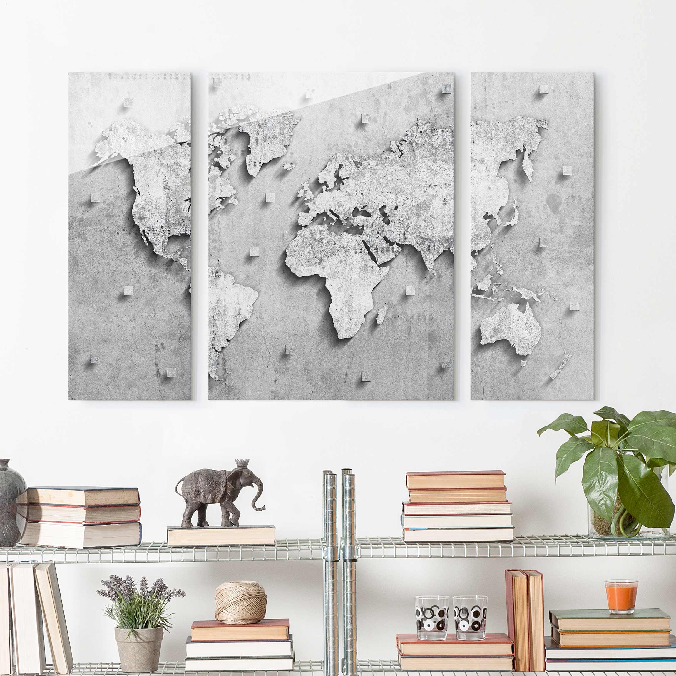 3-teiliges Glasbild - Querformat Beton Weltkarte