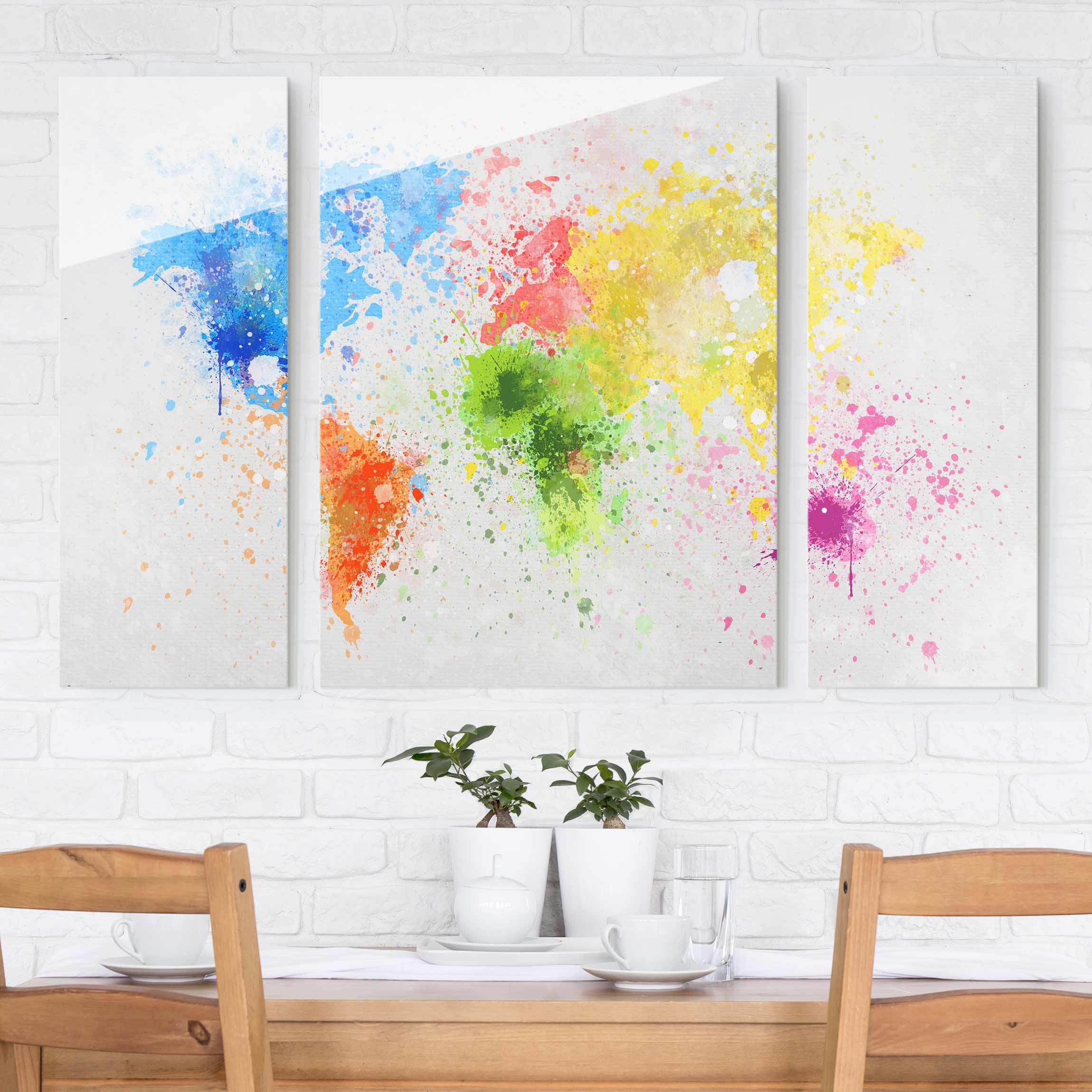 3-teiliges Glasbild Bunte Farbspritzer Weltkarte