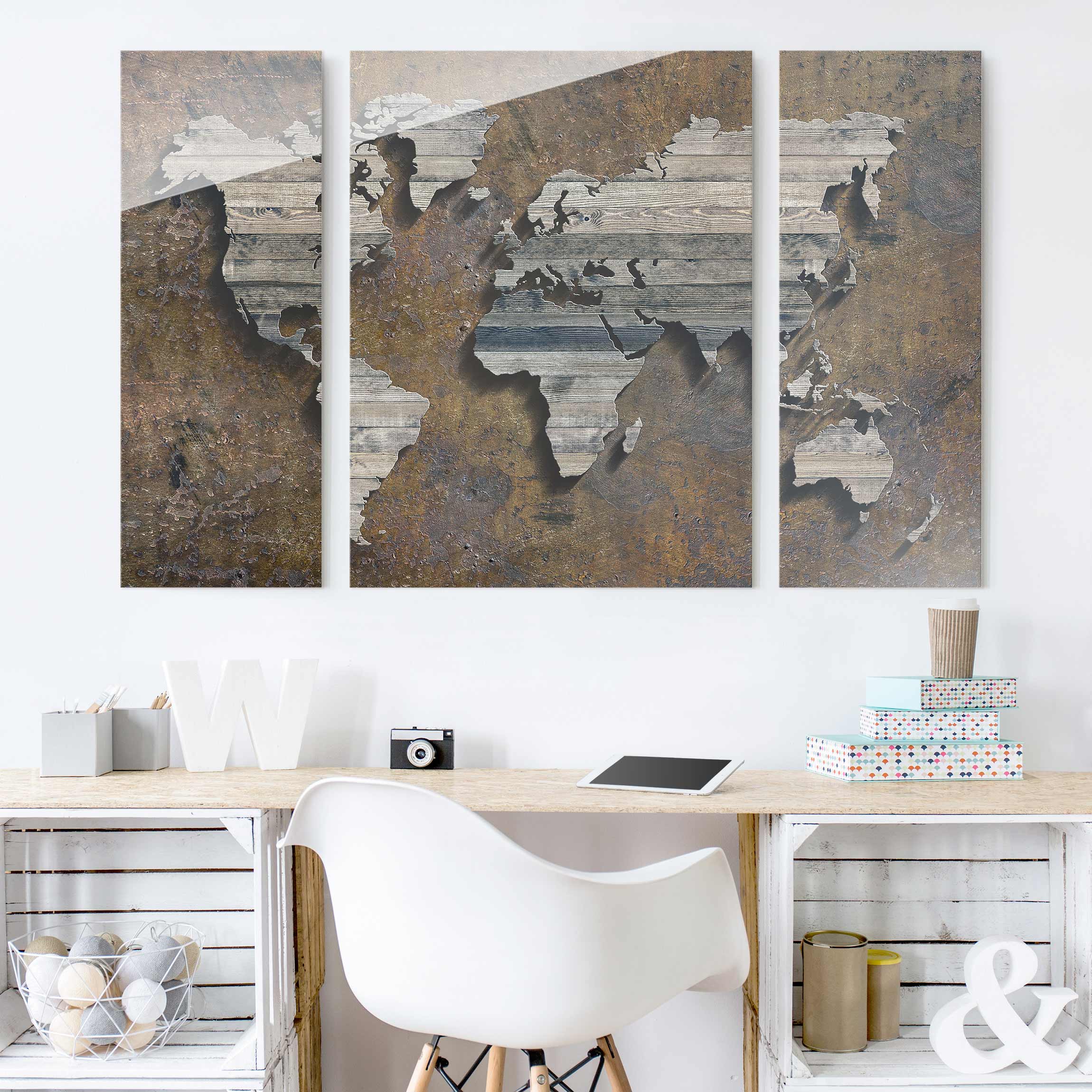 3-teiliges Glasbild Holz Rost Weltkarte