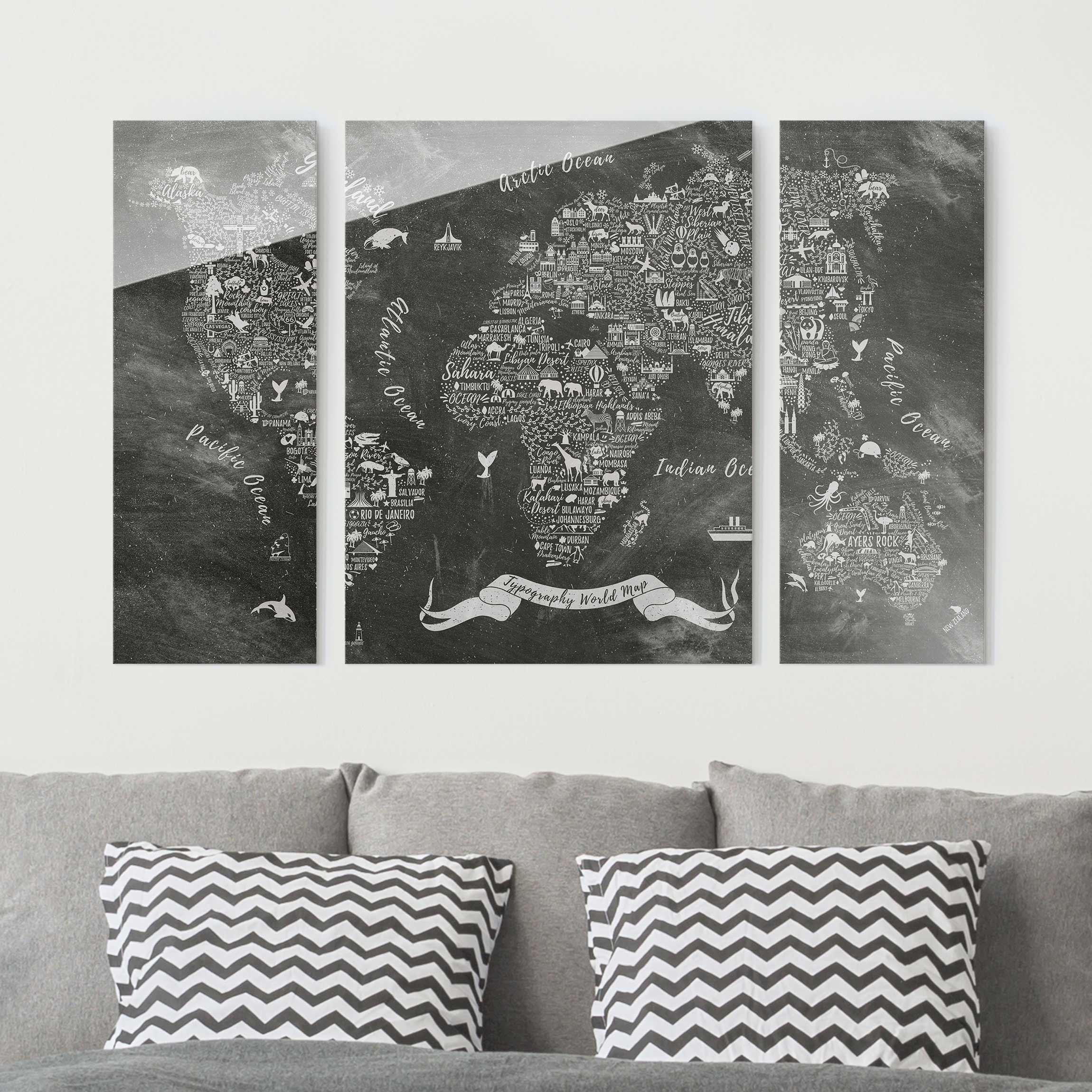 3-teiliges Glasbild Kreide Typografie Weltkarte