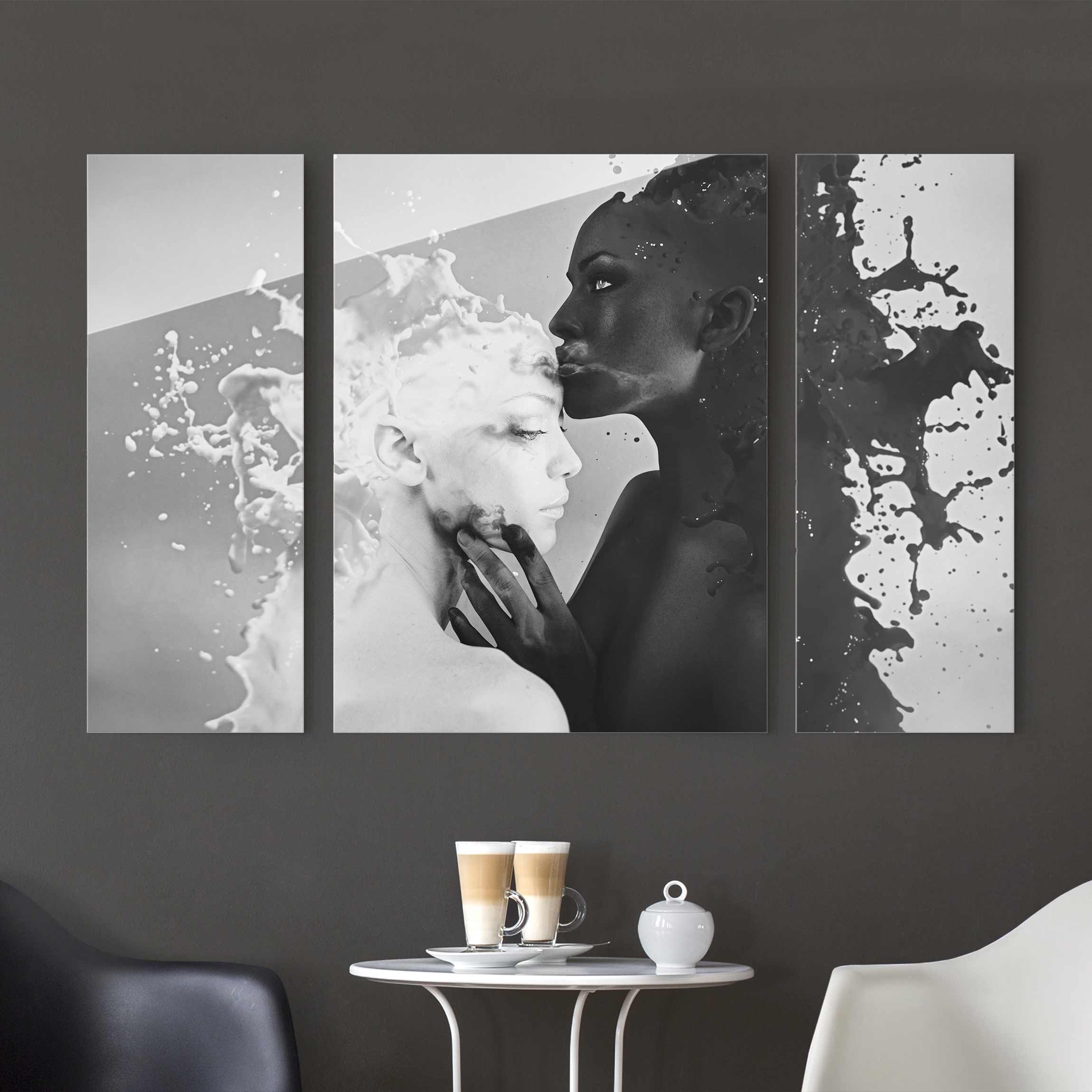 3-teiliges Glasbild Milch & Kaffee Kuss schwarz weiß