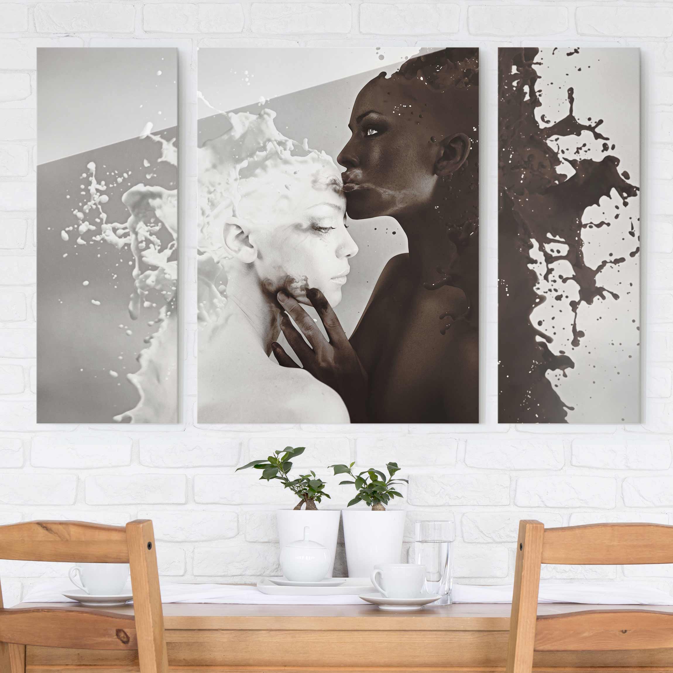 3-teiliges Glasbild Milch & Kaffee Kuss