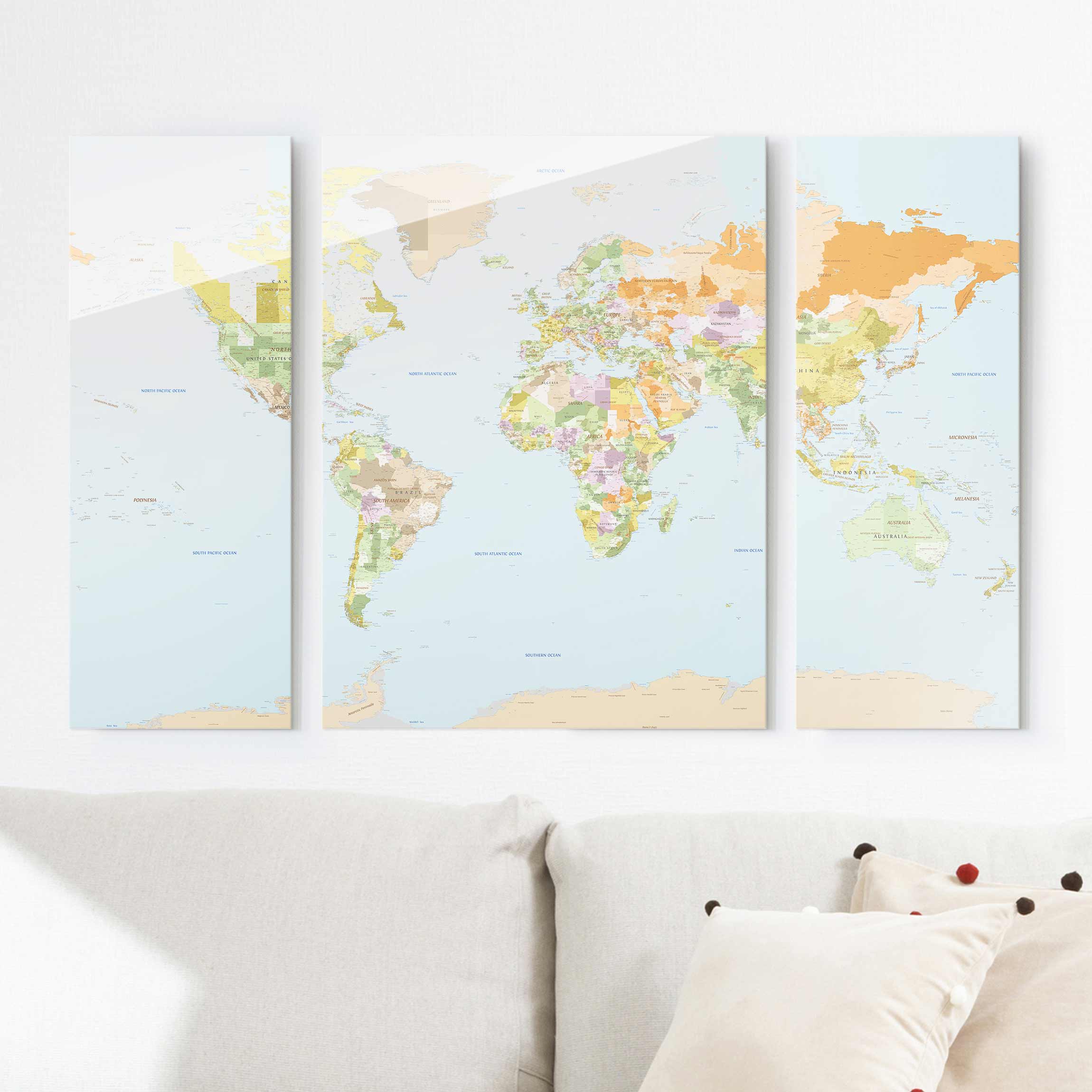 3-teiliges Glasbild - Querformat Politische Weltkarte