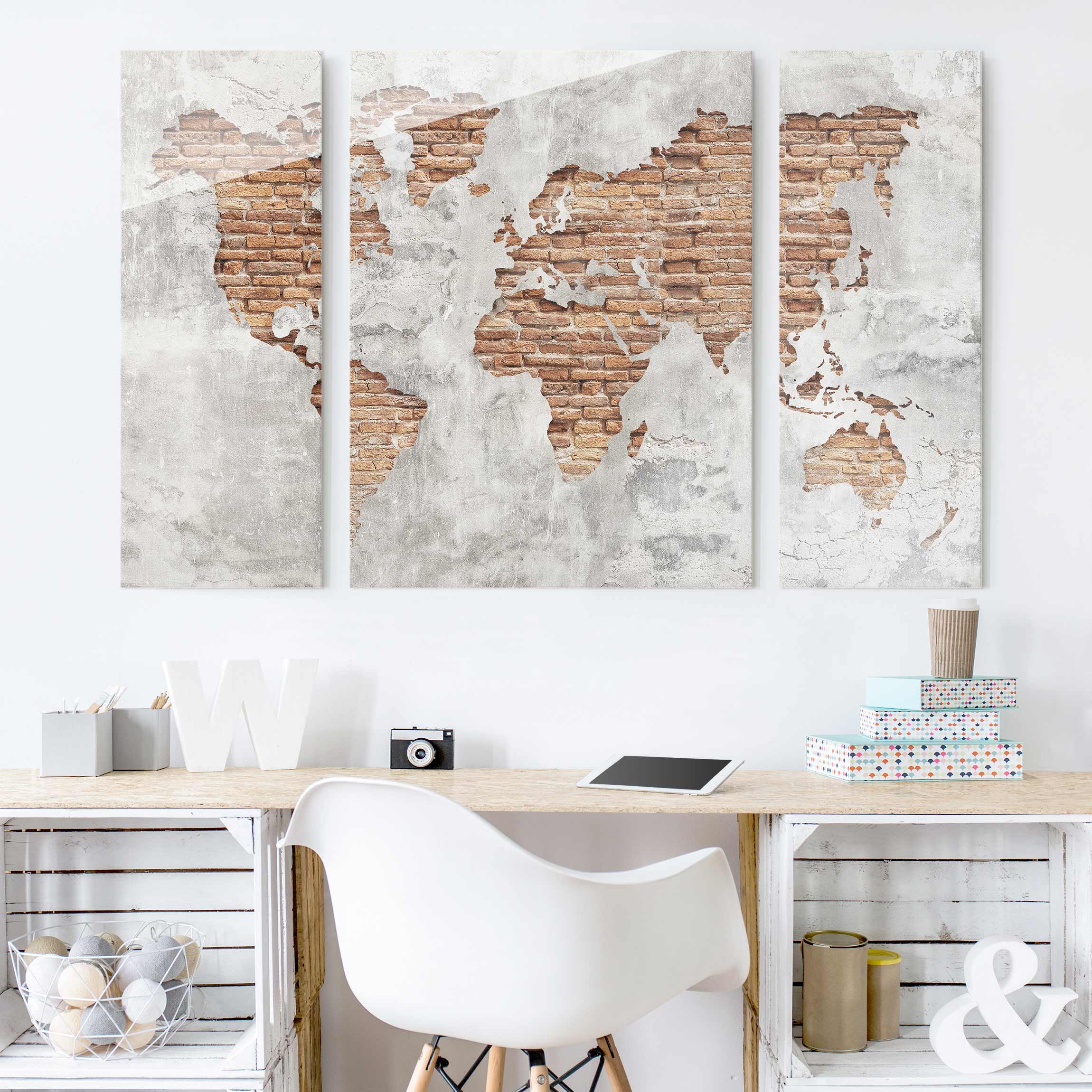 3-teiliges Glasbild Shabby Beton Backstein Weltkarte