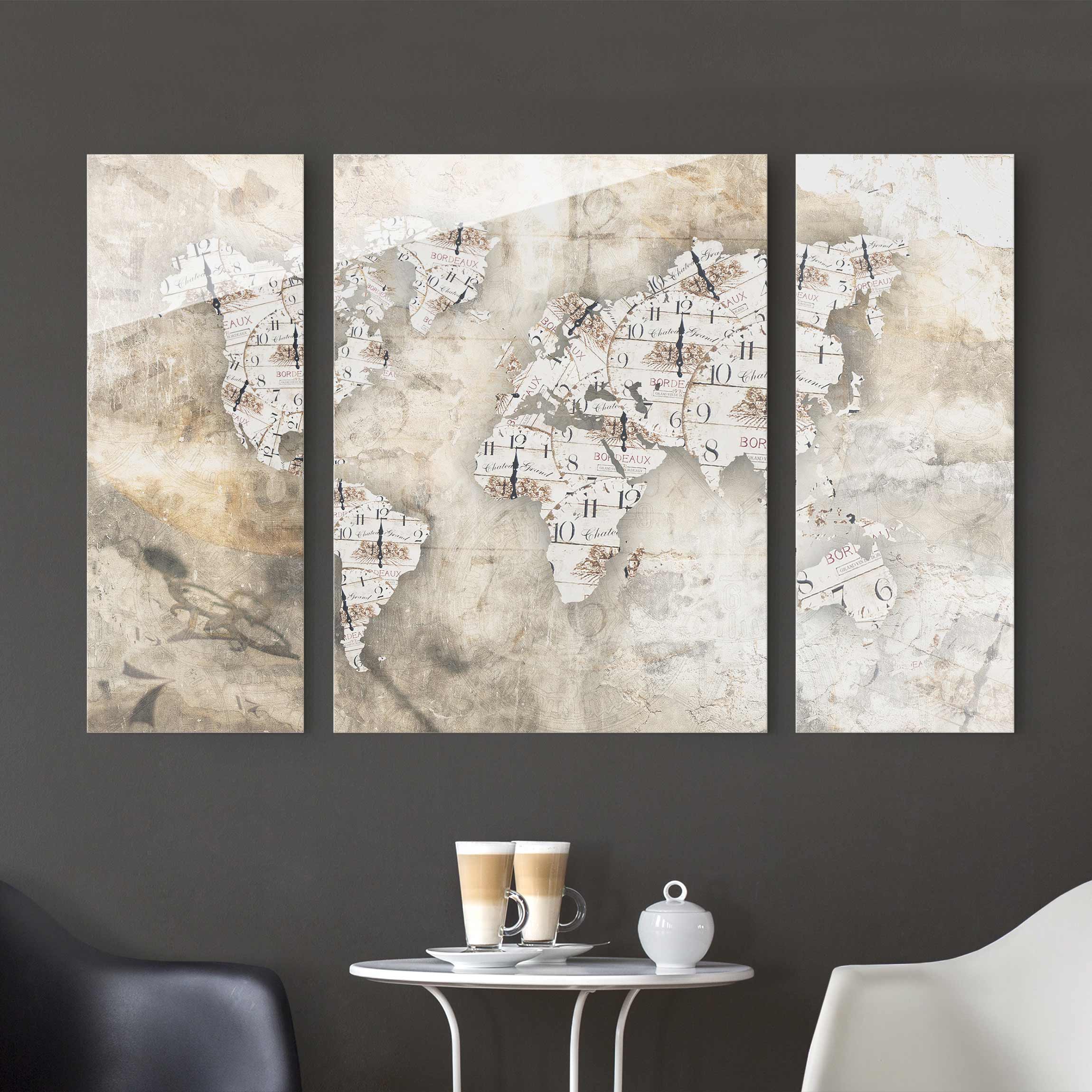 3-teiliges Glasbild Shabby Uhren Weltkarte