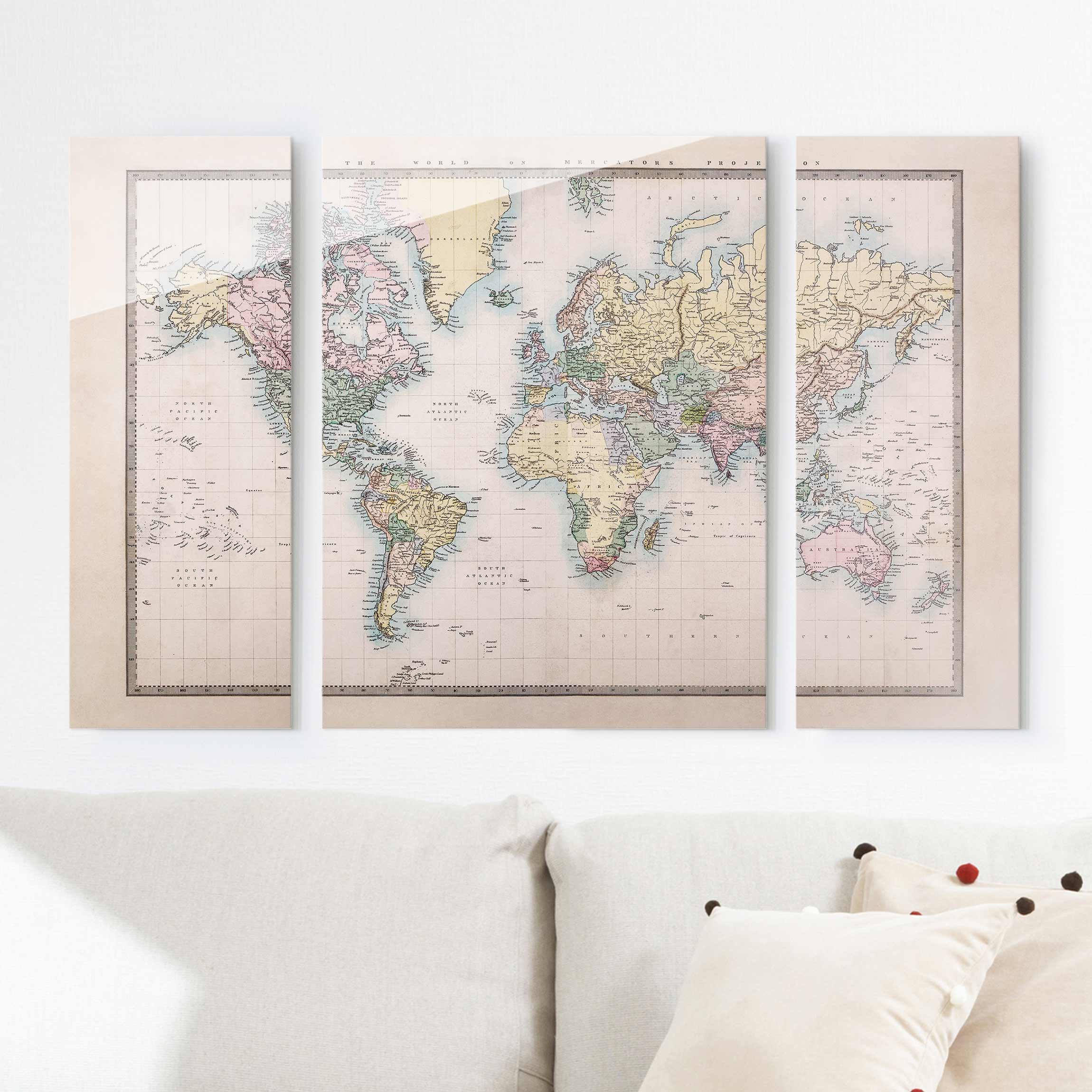 3-teiliges Glasbild Vintage Weltkarte um 1850