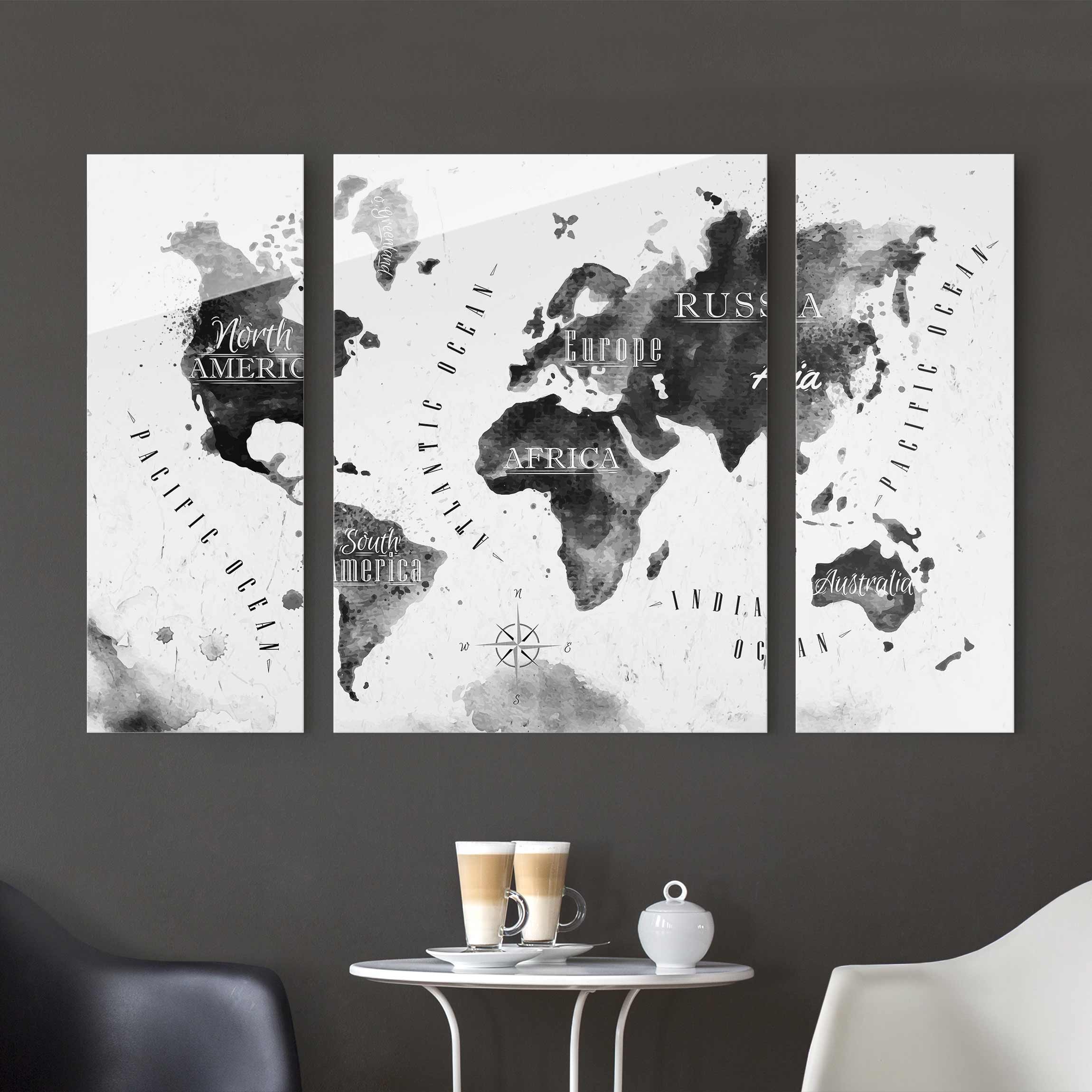 3-teiliges Glasbild Weltkarte Aquarell schwarz