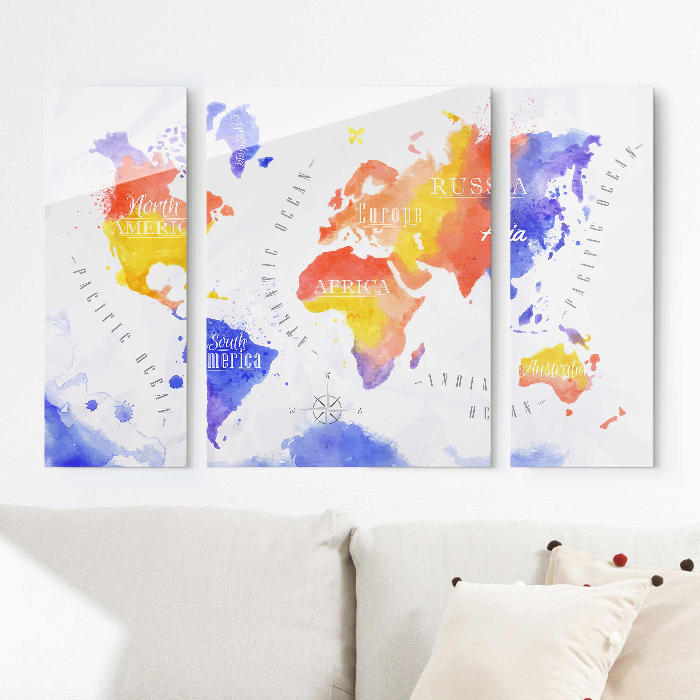 3-teiliges Glasbild Weltkarte Aquarell violett rot gelb