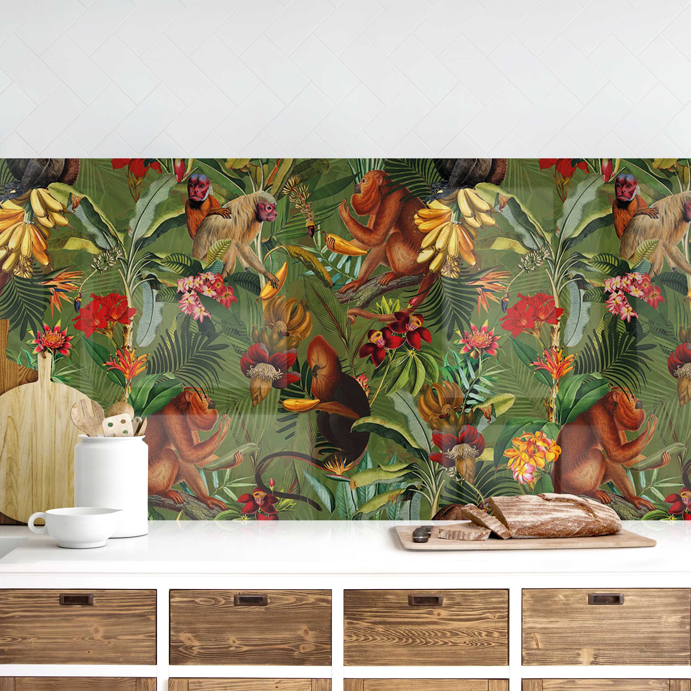 Küchenrückwand Tropische Blumen mit Affen I