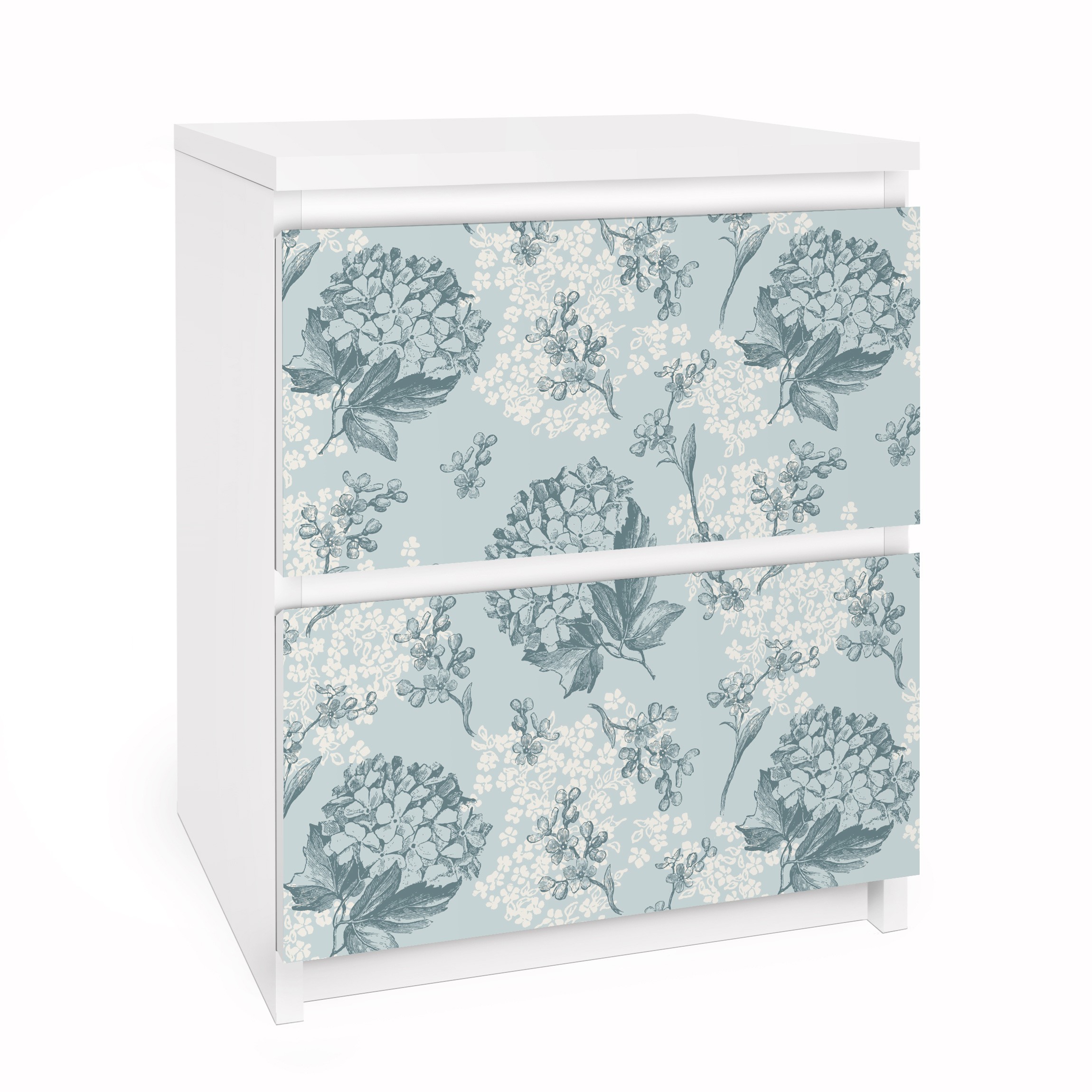 Möbelfolie für IKEA Malm Kommode 2 Schubladen Hortensia pattern in blue